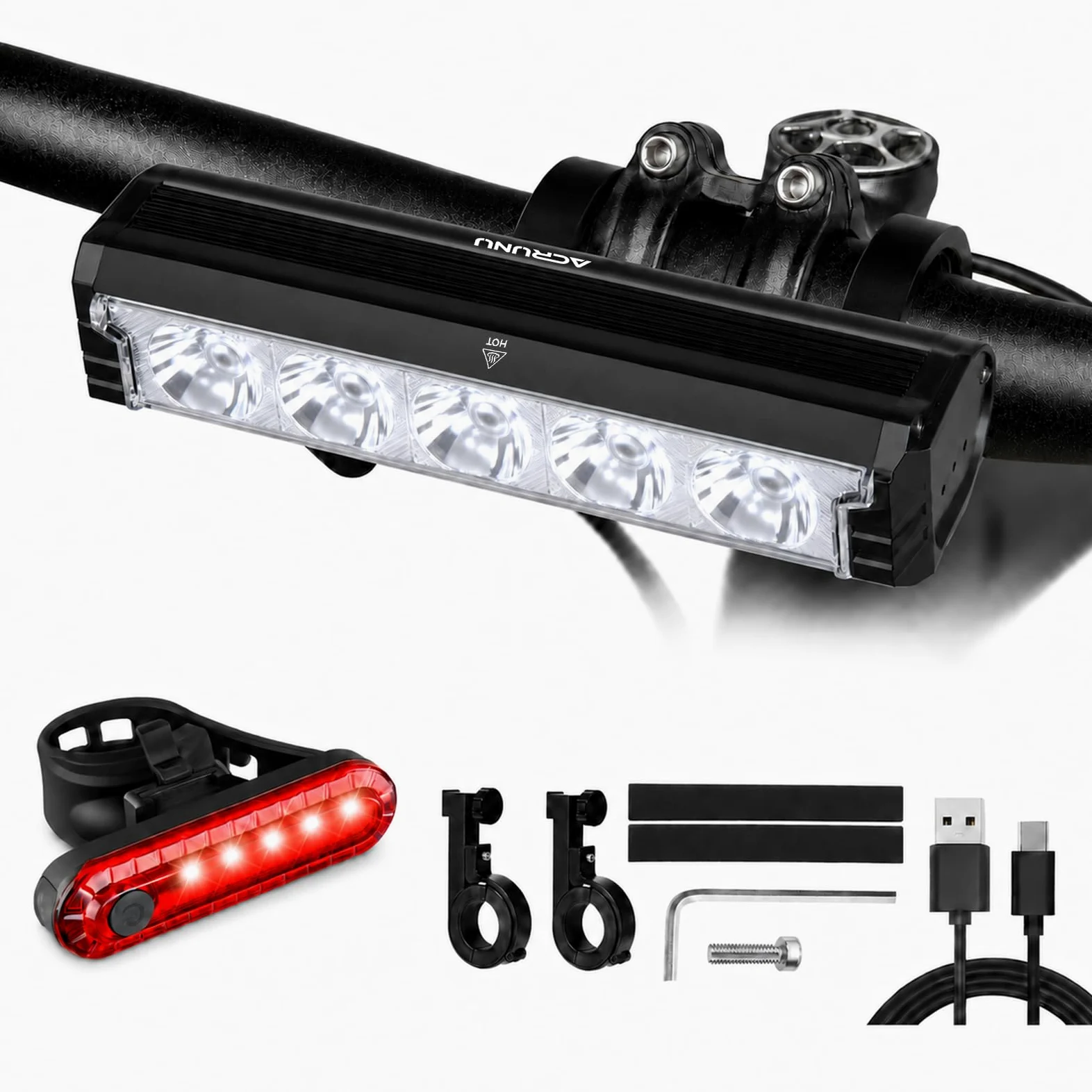 Luces de bicicleta para conducción nocturna recargables de 2800 lúmenes, luces delanteras y traseras recargables, 5 modos ajustables, 5 faros delanteros y traseros de bicicleta, 5 modos ajustables