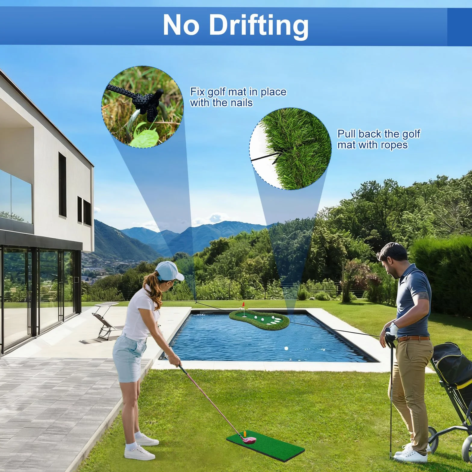 Juego de golf flotante verde para piscina, tapete verde flotante con recuperador de bolas para piscina/lago, juego de golf flotante para golfistas
