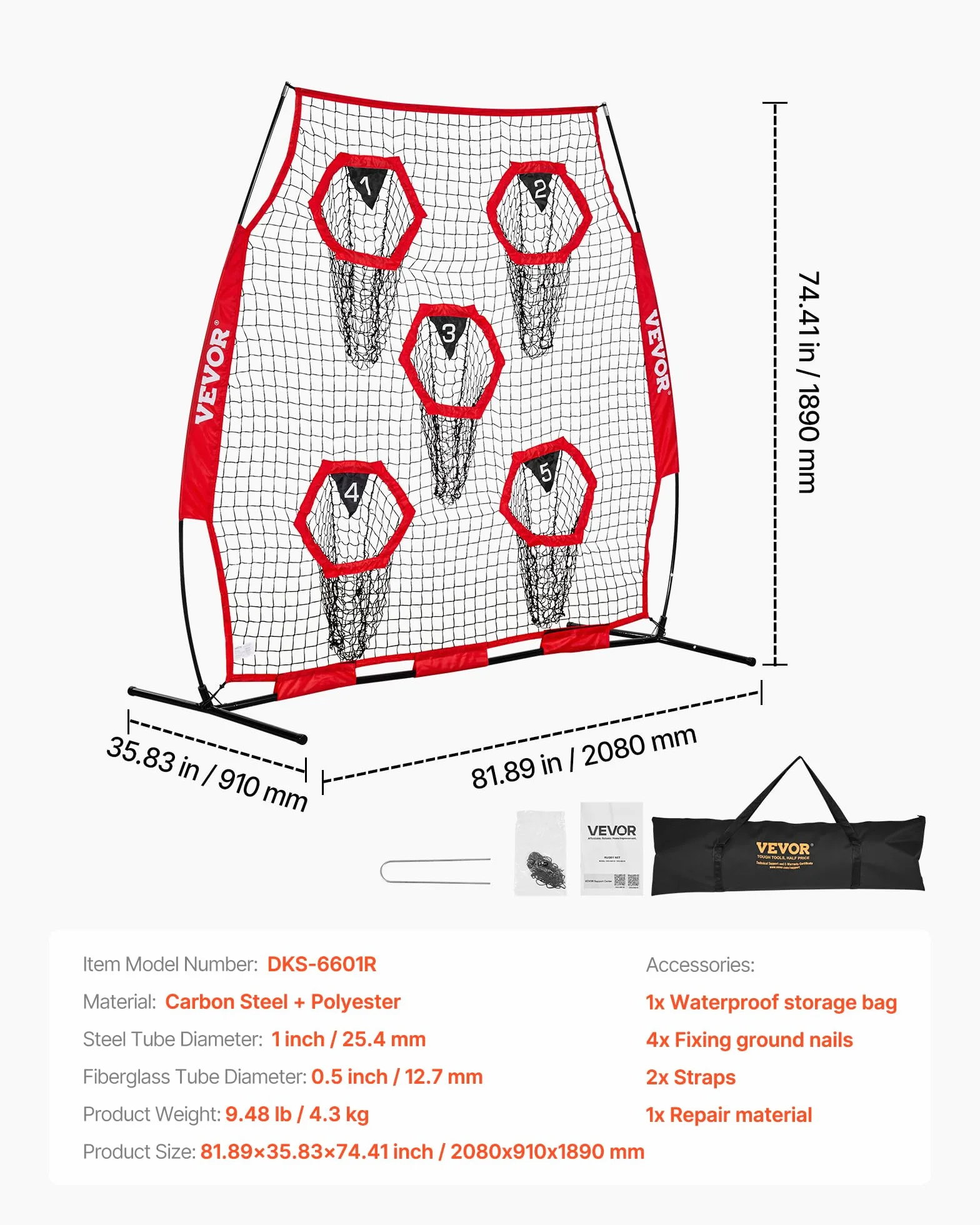 VEVOR Red de Lanzamiento para Entrenadores de fútbol, 1,8 x 1,8 m, Red de Entrenamiento con 5 Bolsillos para Diana, Red sin Nudos con Correas y Bolsa de Transporte, Mejora la precisión de Lanzamiento