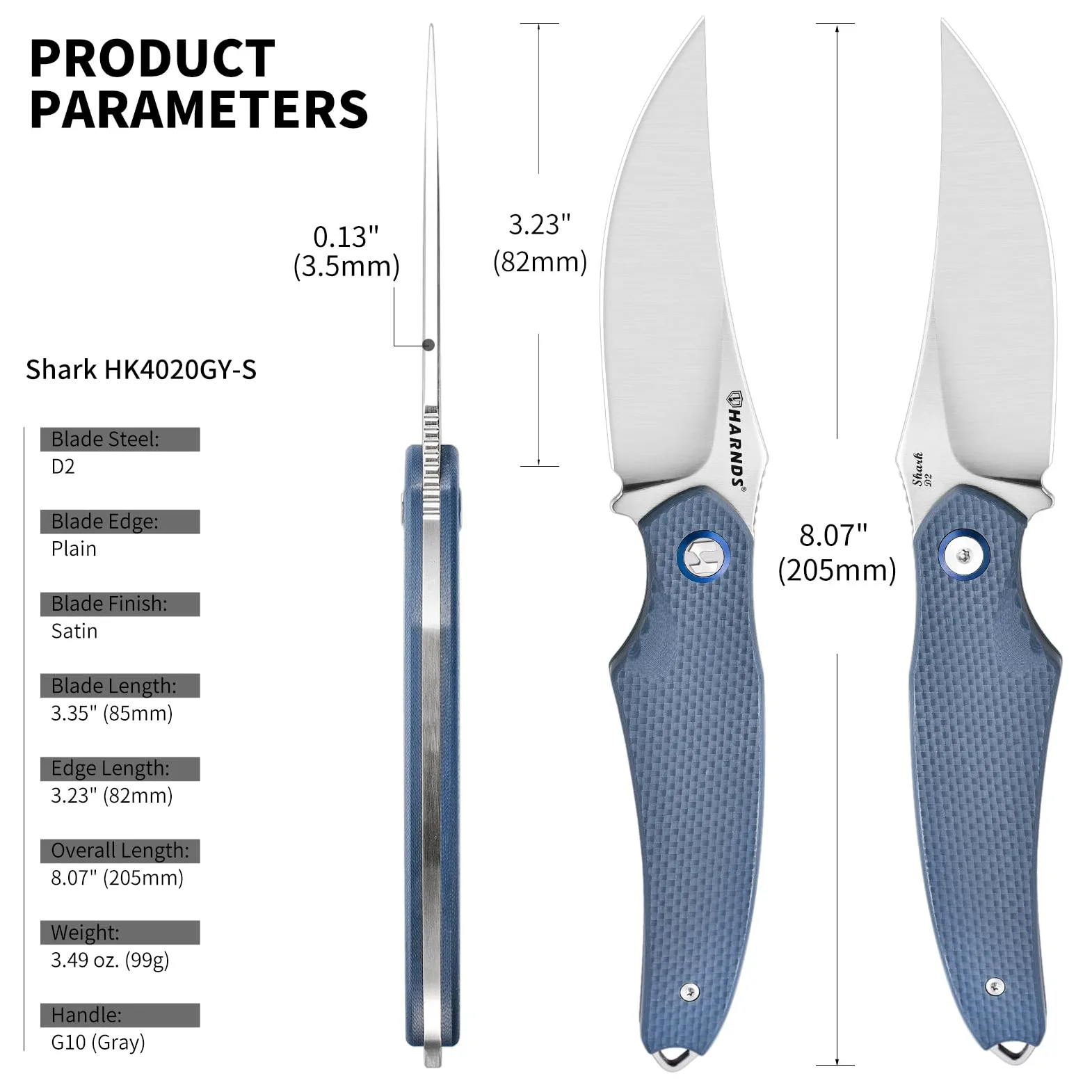 Harnds Tiburón Cuchillo de Hoja Fija para Outdoor con Funda Kydex Hoja de Acero D2 Ideal Cuchillo de Camping Cuchillo de Supervivencia Premium Cuchillo Bushcraft (Gris - Satín)