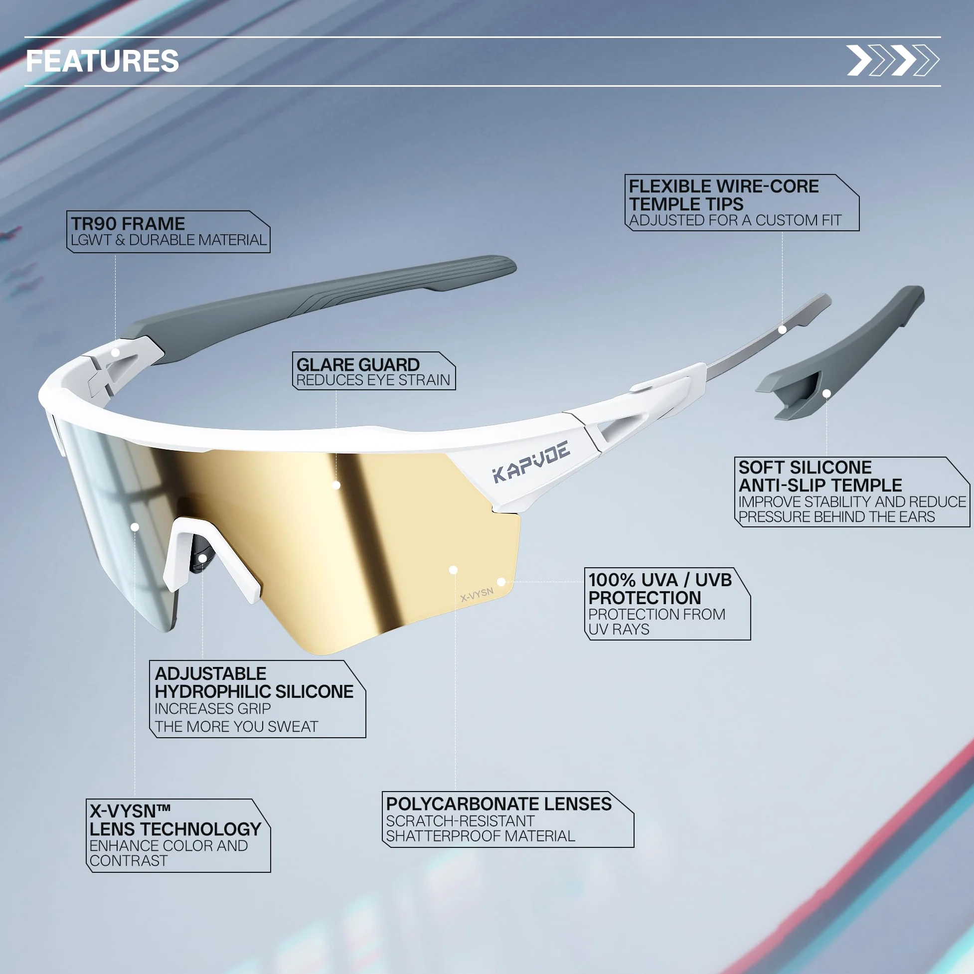 KAPVOE Gafas de Ciclismo 2 Lentes X-VYSN UV400 Hombre Mujer K198 | 2 lentes intercambiables, alto contraste X-VYSN, UV400, patillas flexibles con núcleo metálico