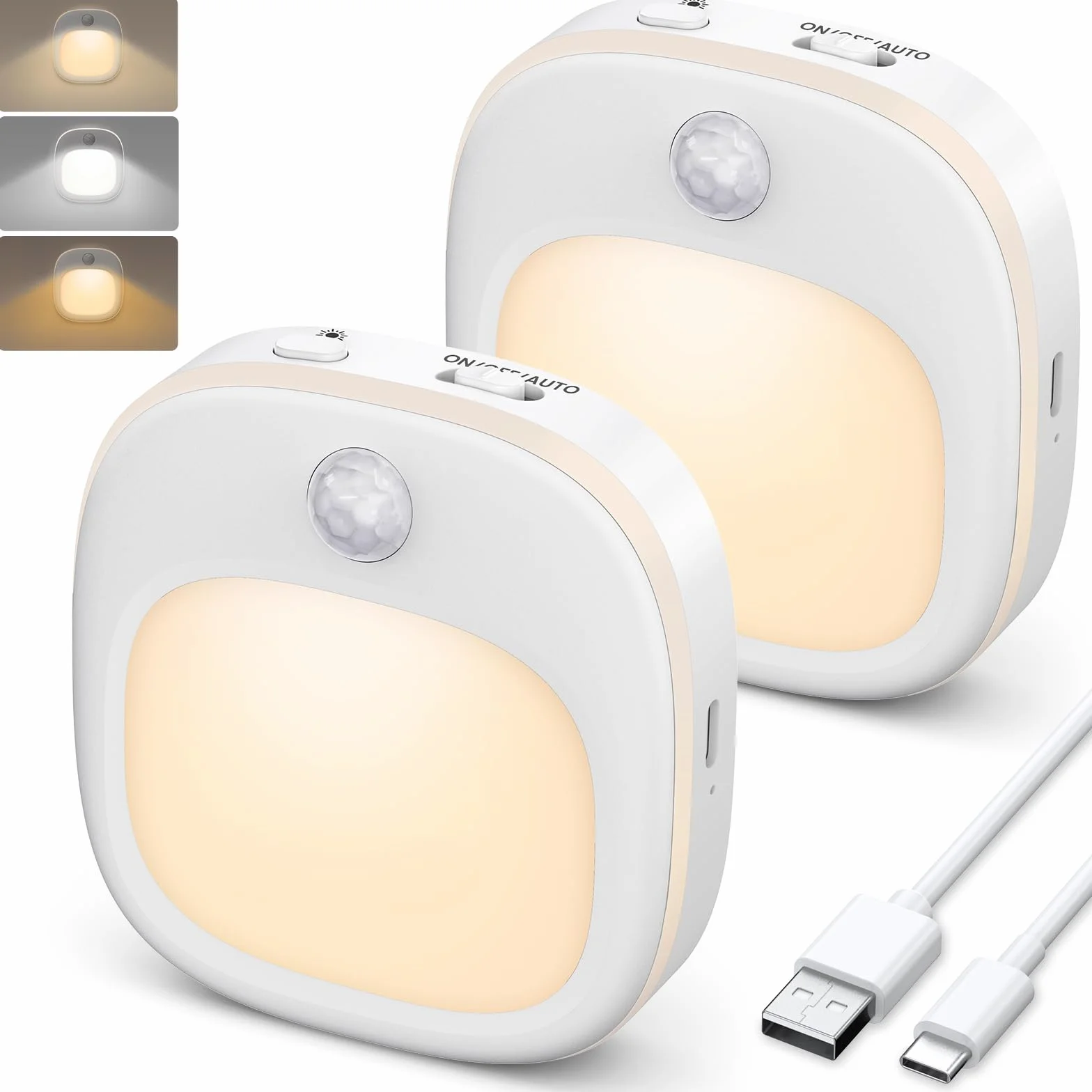 Luz Nocturna con Sensor de Movimiento USB-C Recargable 3 Modos de Color Regulable LED Adhesiva 2 Piezas