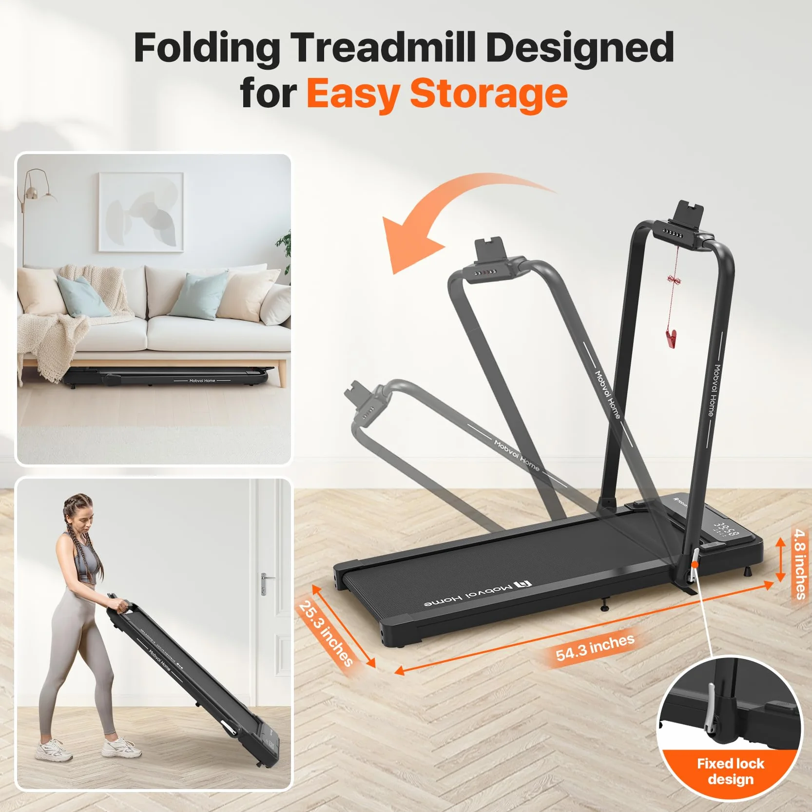 Mobvoi Home Treadmill Plus 3 in 1 Folding Treadmill Walking Pad 2.5HP Compact Under Desk Running Walking Machine for Home Office Remote Control LED Display 120kg 12KMH