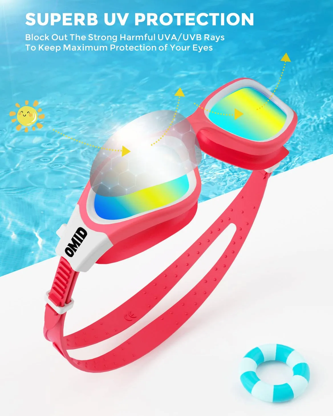 OMID - Gafas de natación para niños, 2 paquetes P2, cómodas polarizadas, unisex, antiempañamiento, sin fugas, para niños con protección UV de 6 a 14 años (oro azul y oro rosa)