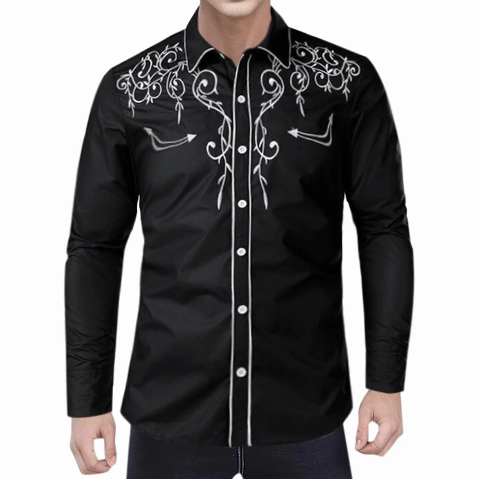 Camisa vaquera occidental para hombre manga larga roja bordada flor