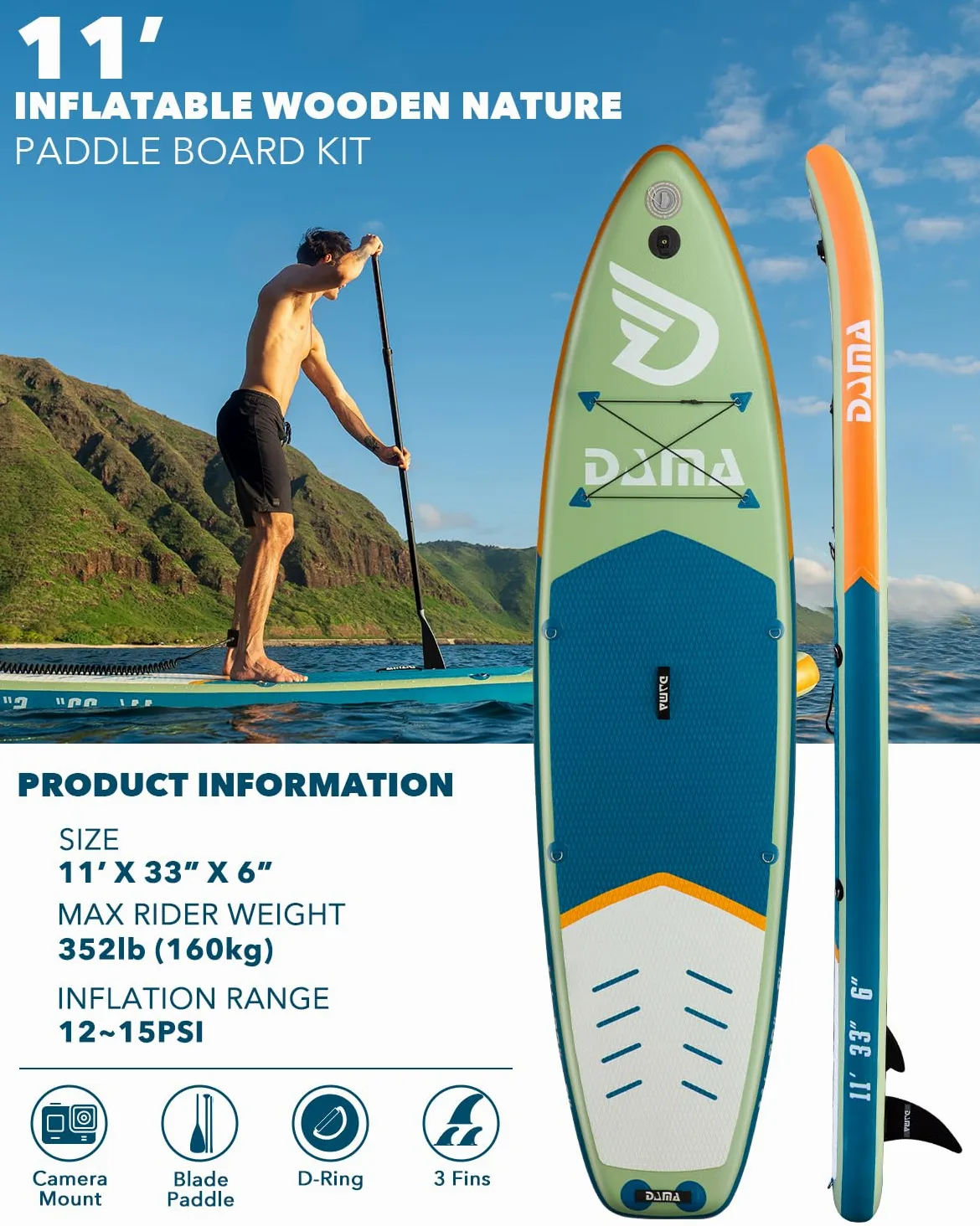 DAMA 12'2''*34''*6''/14'*45"*8" Tabla de remo para pareja y tabla de sup familiar Tabla de remo grande Tabla de remo inflable ancha Tabla de pesca de gran tamaño para muchas personas con 2 pares 4 piezas Kayak Paddle