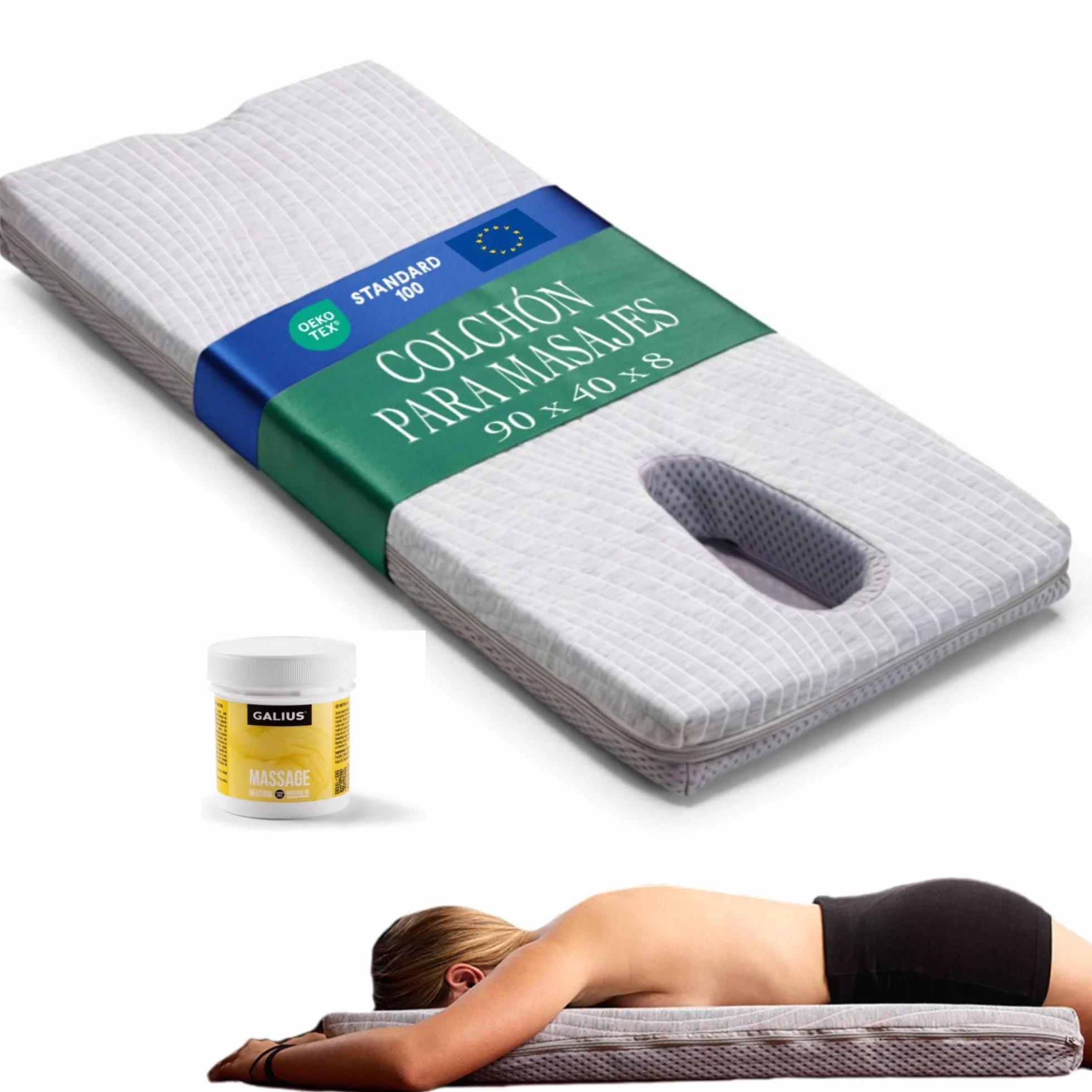 Colchón de Masaje Cervical Espalda Lumbar con Hueco Facial Ergonómico Espuma Firme Funda Lavable Incluye Aceite 100 ml