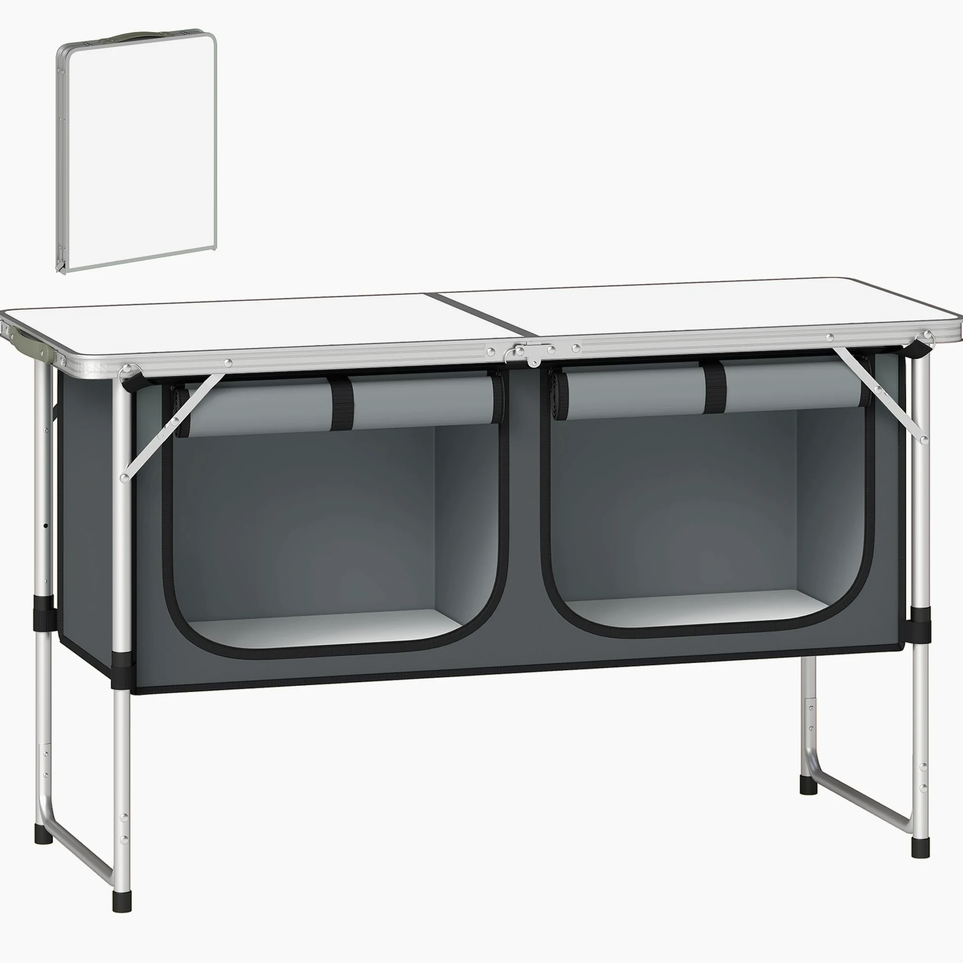 Outsunny Mesa de Cocina de Camping Plegable, Mueble de Cocina de Camping Portátil con Armario de Tela Oxford, Marco de Aluminio, para Picnic, BBQ y Actividades al Aire Libre, 120x47x70 cm, Plateado