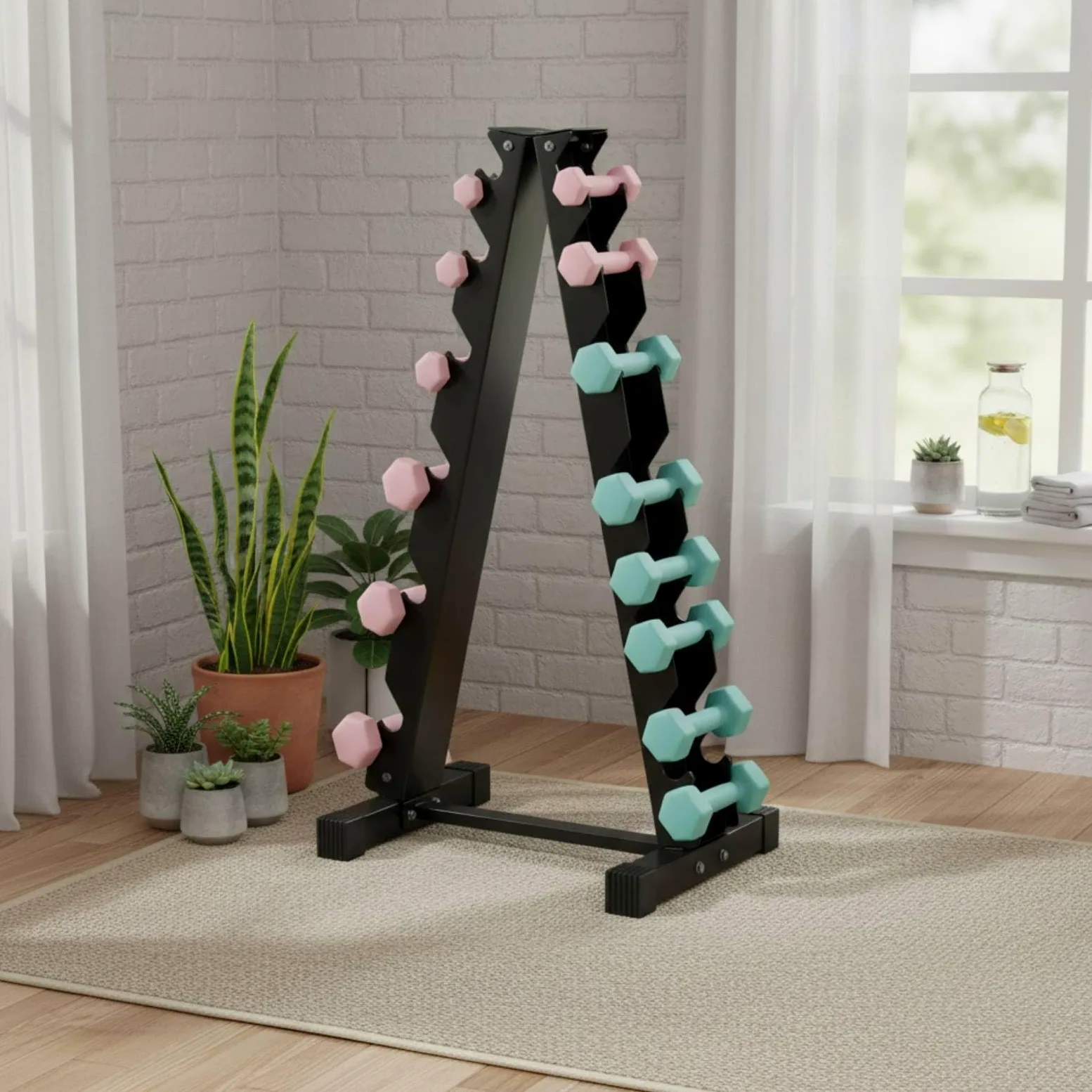 Gralara Soporte para Mancuernas Estantería Pesas Organizador Compacto Rack Hierro 6 Niveles Base Firme Pies Antideslizantes Zona Deporte Adecuado para Gimnasio Doméstico Área de Musculación Garaje