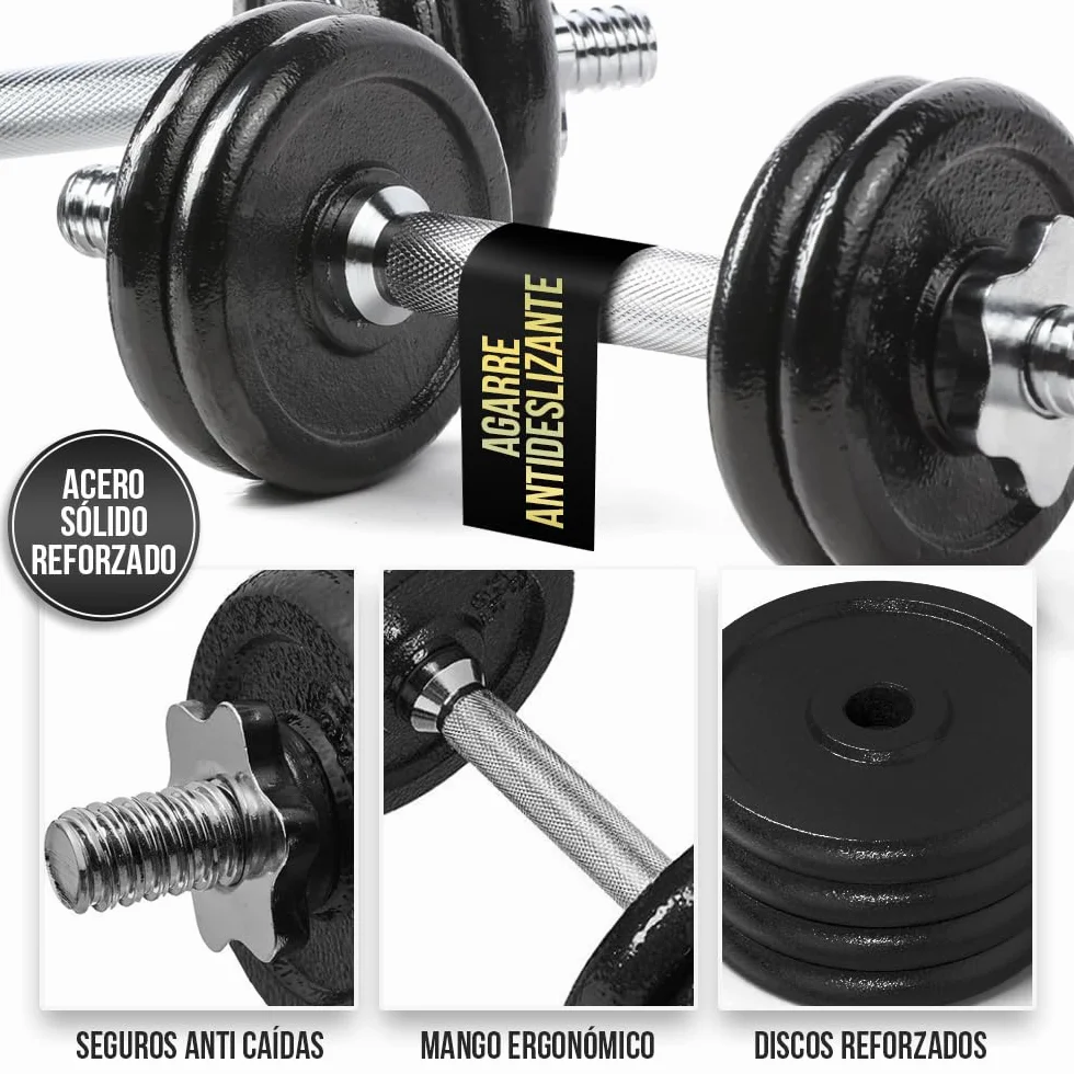 ManiBoom Mancuernas Ajustables HIERRO PURO (No Plástico) - Kit Pesas 3 en 1 con Barra Extensora - Maletín Rígido de Musculación y Fitness en Casa - Discos Macizos y Seguros (15kg - 55kg)