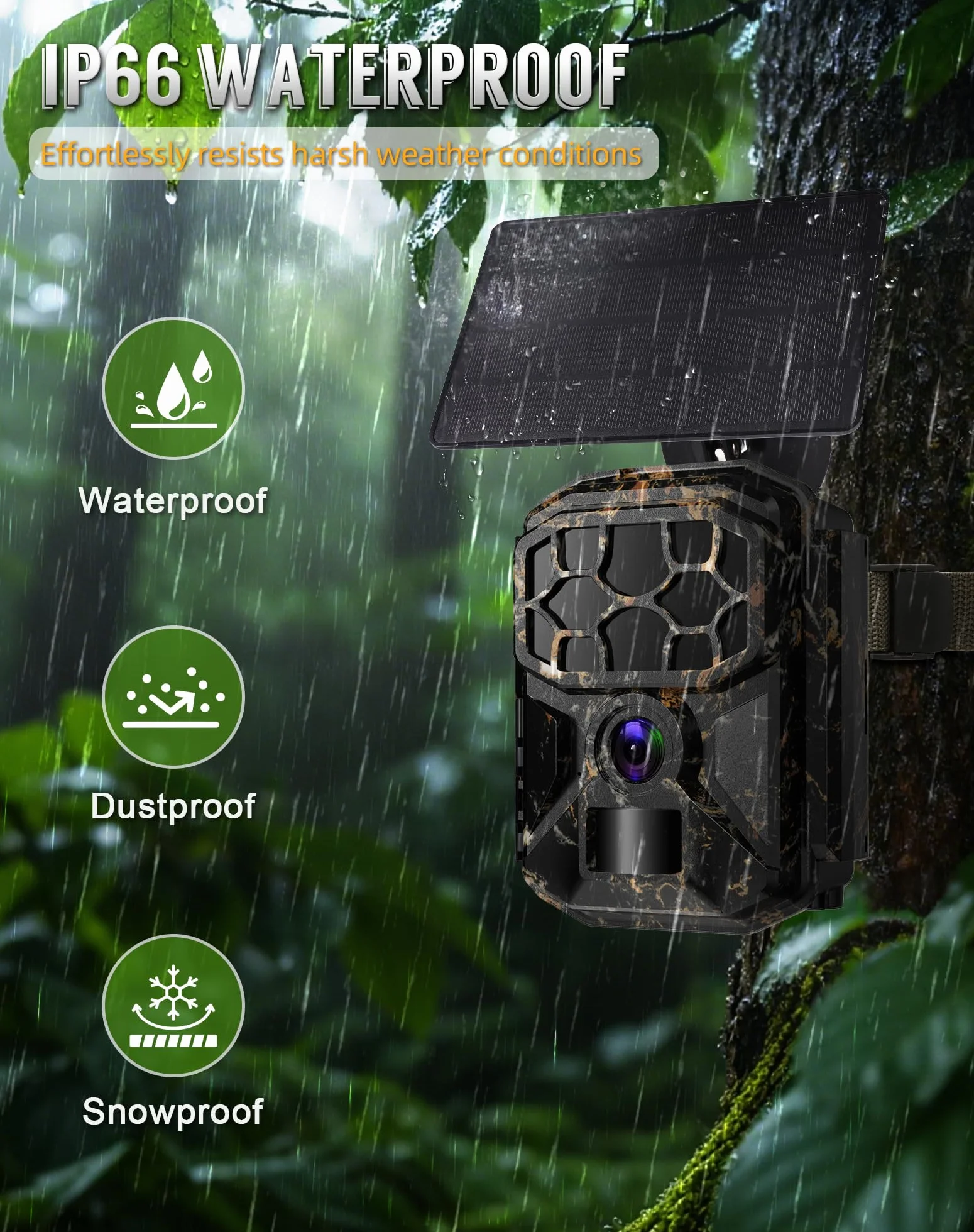 Cámara fototrampeo - Solar 8K 60MP WiFi cámara de caza, activación por movimiento en 0,1 s, rango de detección de 20 metros, visión nocturna HD sin emisión de luz, impermeable IP66, tarjeta de memoria