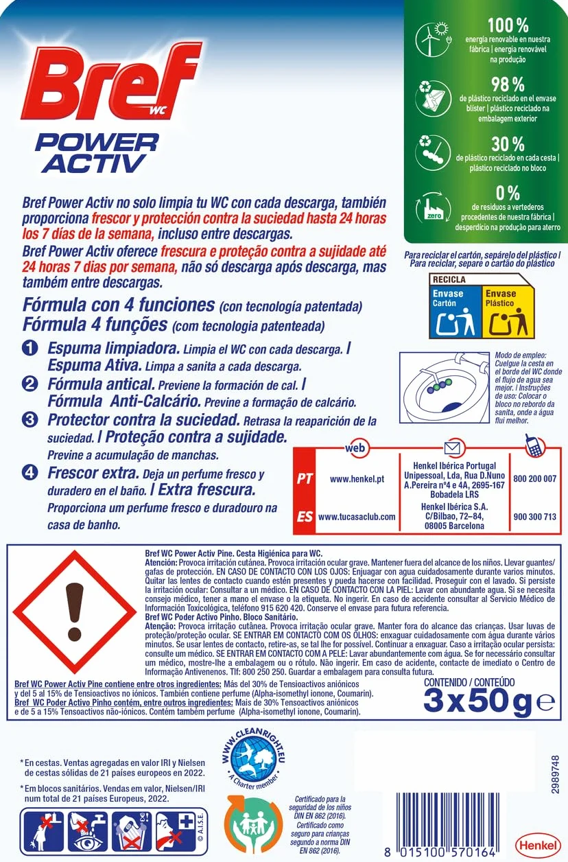 Bref Power Activ Pine 3 unidades limpiador baño 4 en 1 cesta higiénica protectora inodoro aroma Pino antical 24 h protección