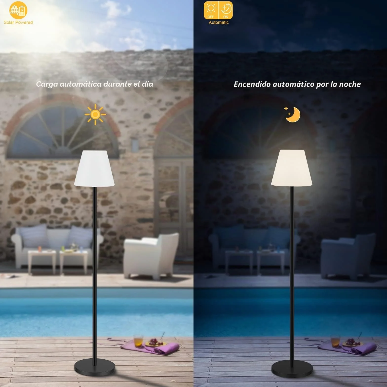 Lámpara de pie solar LED impermeable recargable USB con sensor de luz regulable para exteriores jardín