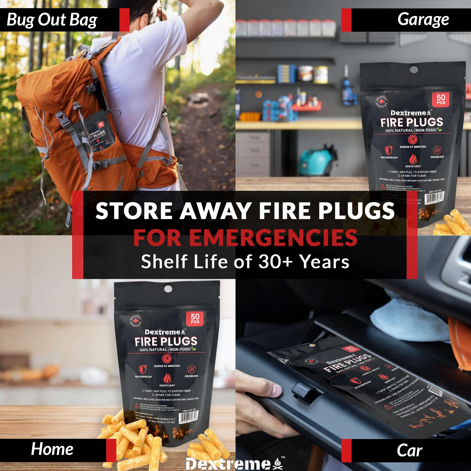 Dextreme Tapones para Incendios (50 enchufes) Impermeables para fogatas, emergencias, Supervivencia, hogueras, Parrillas | Puede encender más de 50 Incendios | Quemadura de más de 5 Minutos | Todo