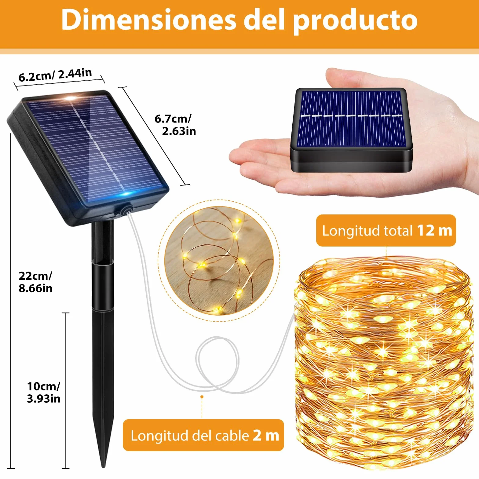 Peasur Guirnaldas Luces Exterior Solar 3 Pack 12+2M 120LED Luces Solares LED Jardin Luz Navidad Cadena Decoracion Arbol, Cálido