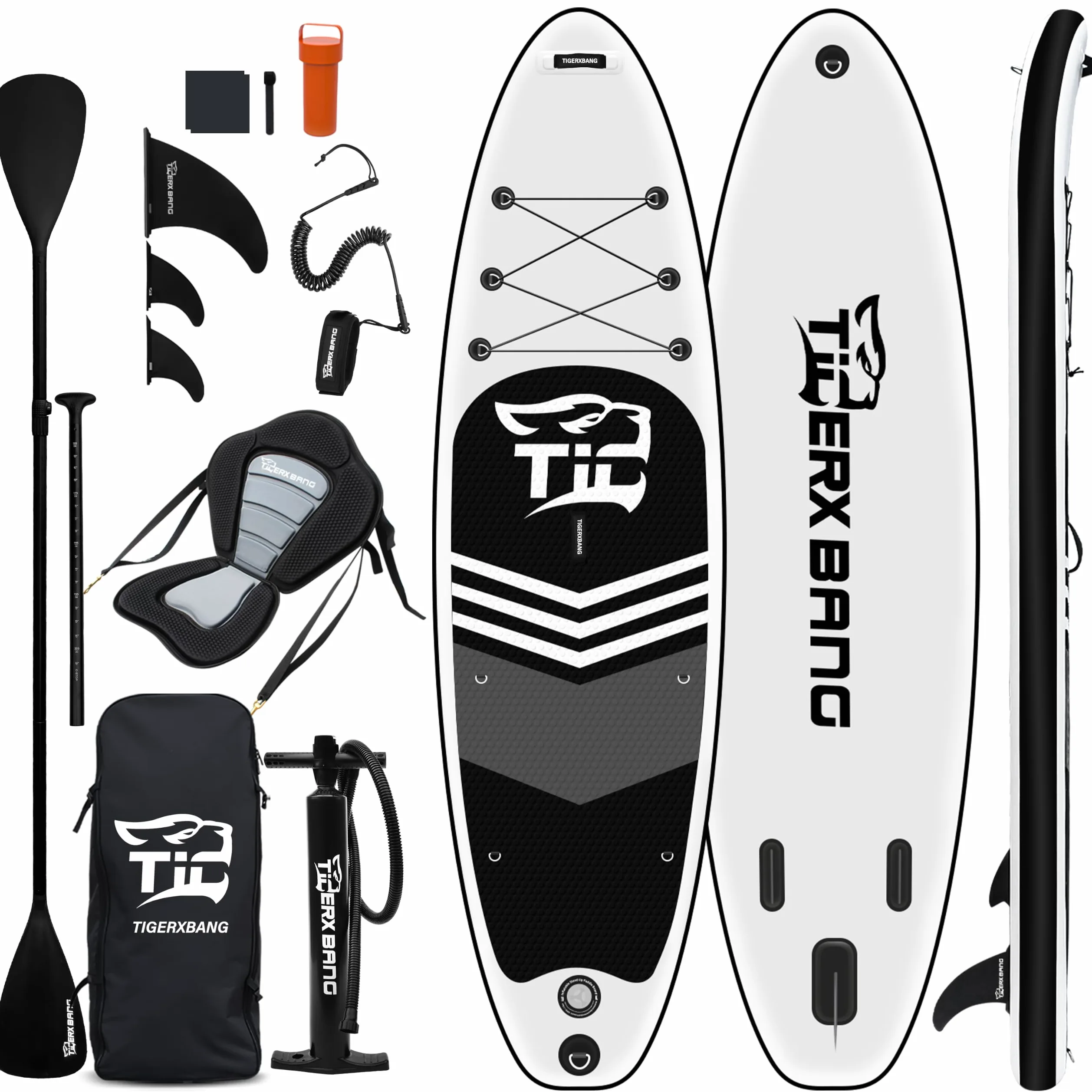 TIGERXBANG Tabla hinchable de surf de remo de 320 x 82 x 15 cm, Black Tiger Collection SUP con asiento de kayak, doble remo y accesorios, juego completo para adultos y niños