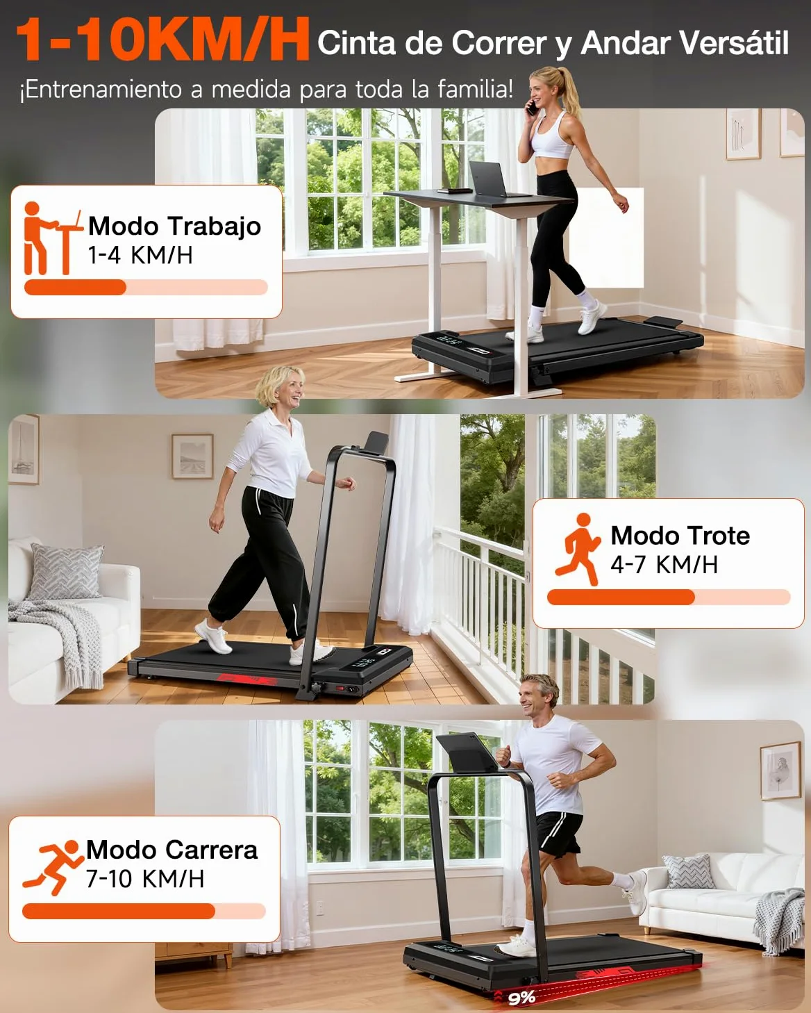 Cinta de Correr 4 en 1 Plegable con Inclinación 9% – Caminadora Eléctrica Silenciosa 10 km/h, Motor 3,0 CV, Sistema de Amortiguación, Pantalla LCD, 140 kg Máx – Hogar, Oficina y Fitness en Casa