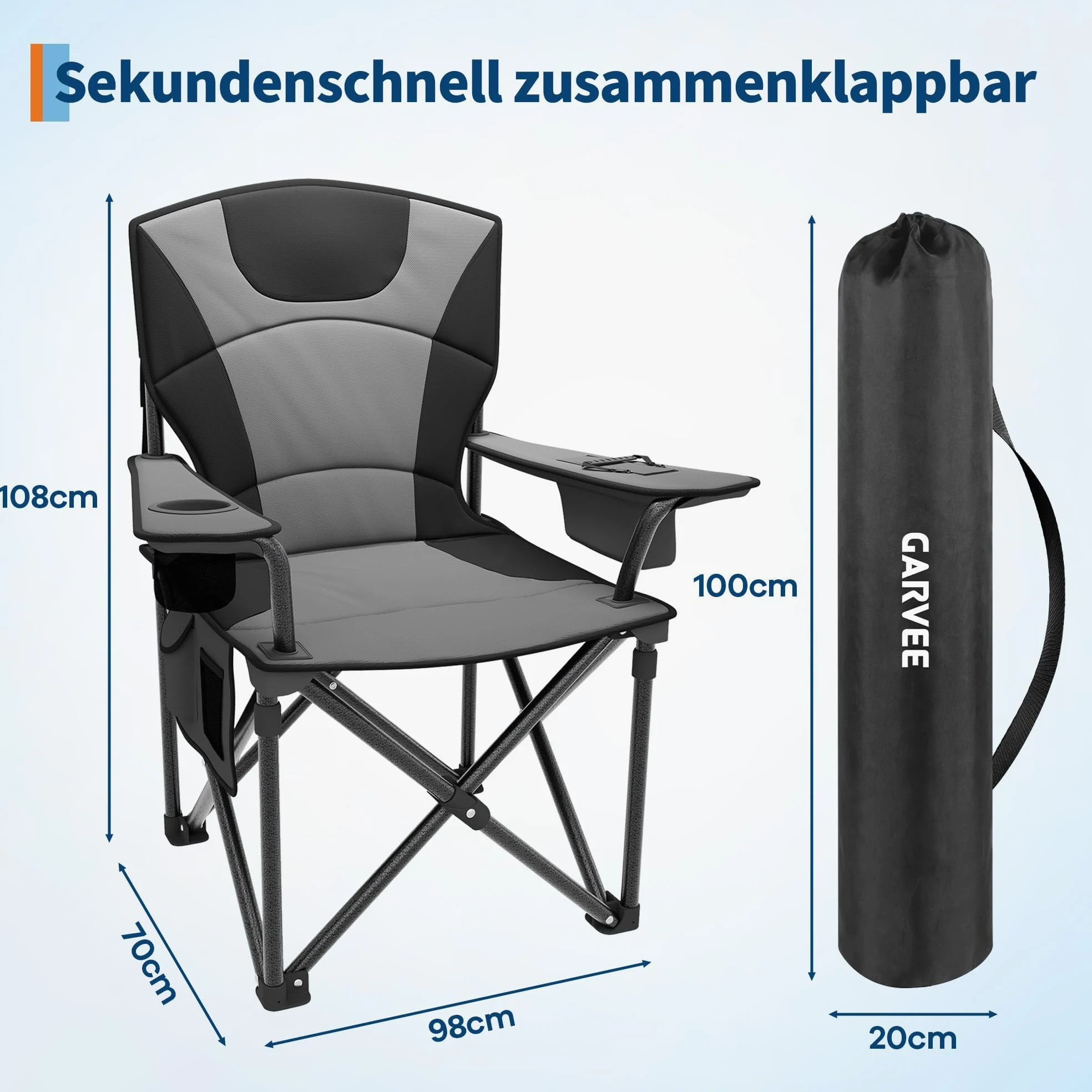 GarveeTech Sillas De Camping Plegables XXL para Adultos | Alta Resistencia y Máximo Confort - Respaldo Acolchado Alto - Soportan Hasta 200 kg - Con Portavasos, Bolsa Térmica y Bolsill