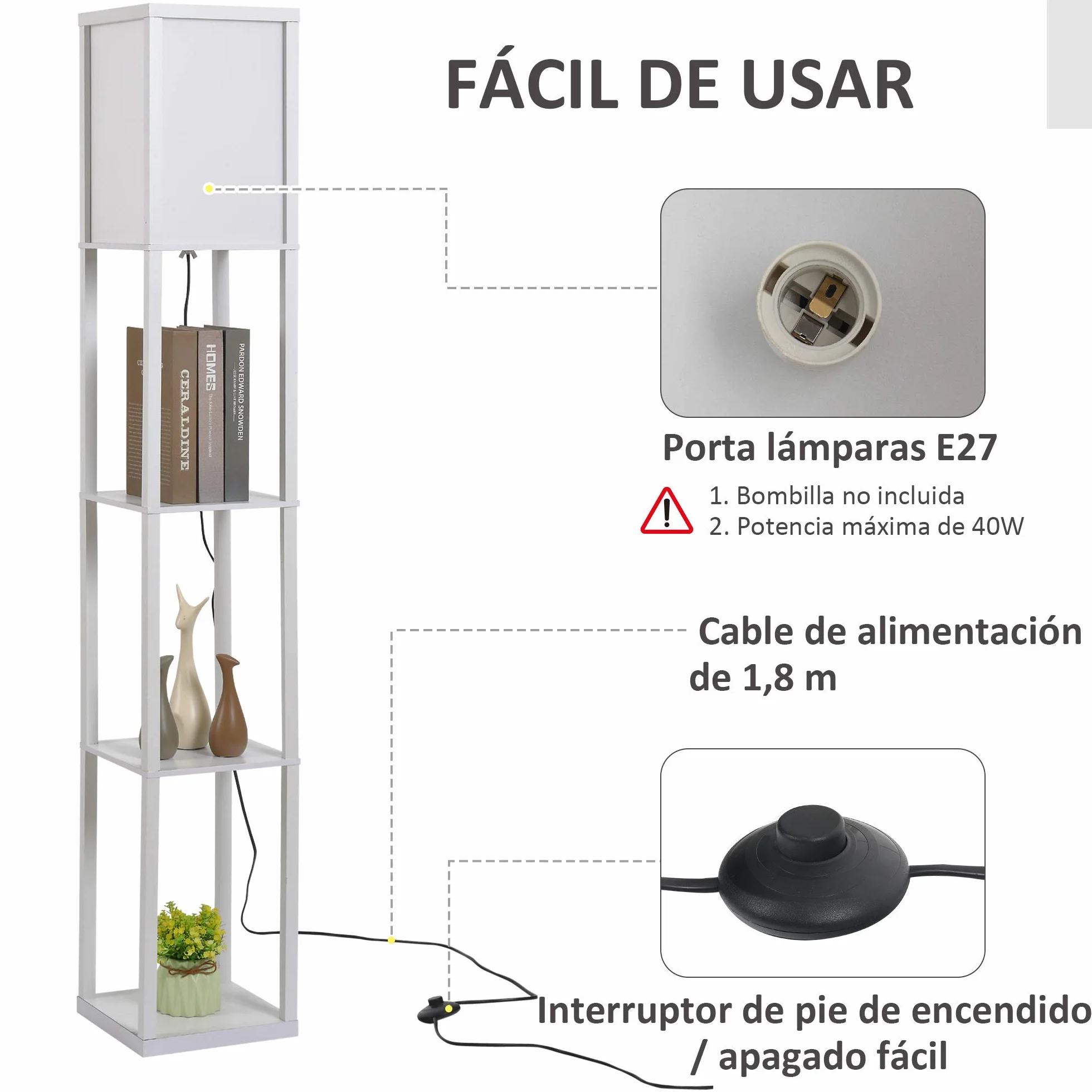 HOMCOM Lámpara de Pie con Estantes de Almacenaje, Madera Moderna, Bombilla E27, Blanco