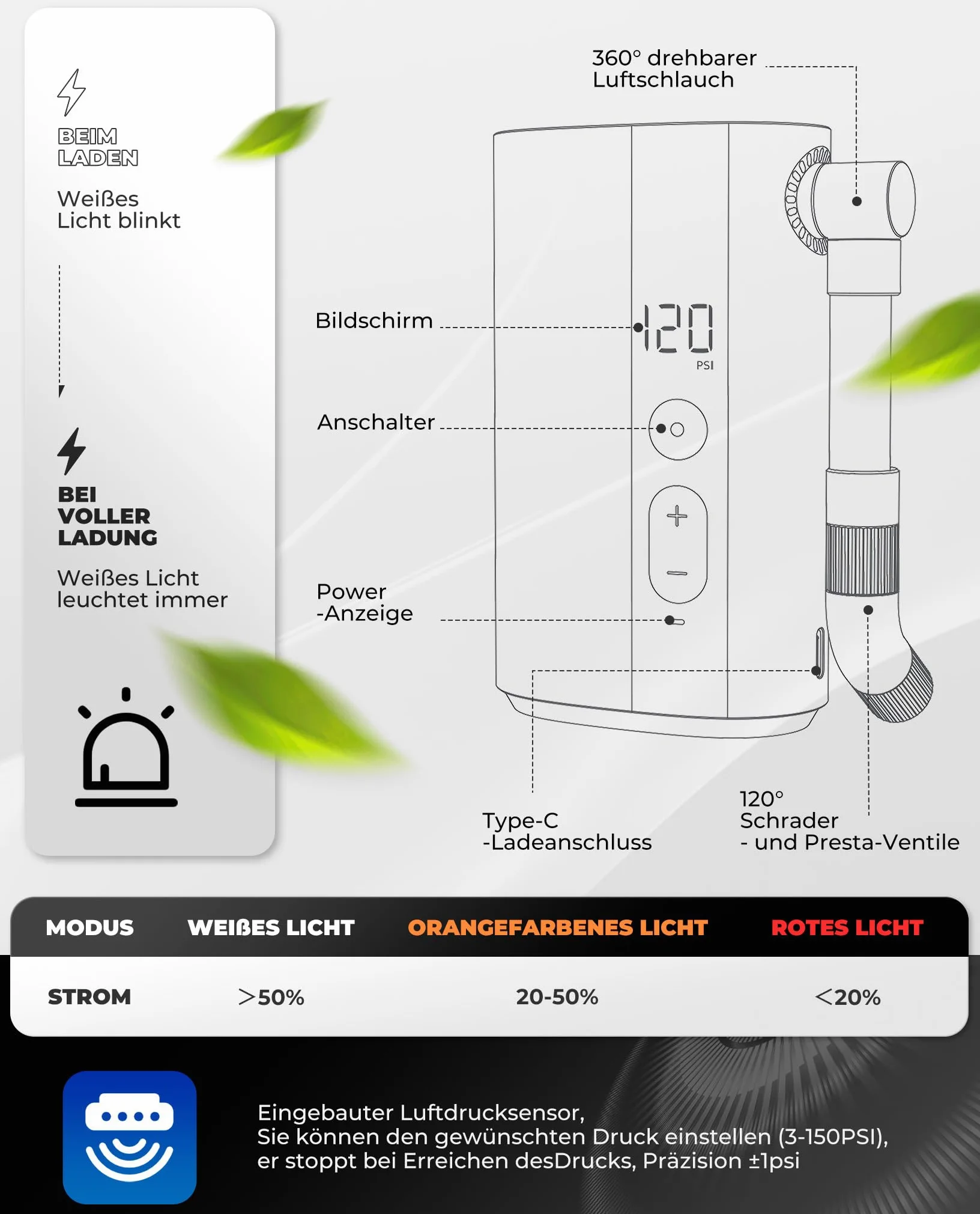 ROCKBROS Mini Bomba Eléctrica 150PSI Bomba de Aire Portátil con Pantalla 5000 mAh Inflador de Neumático Válvula Presta y Schrader para Bicicleta Pelotas
