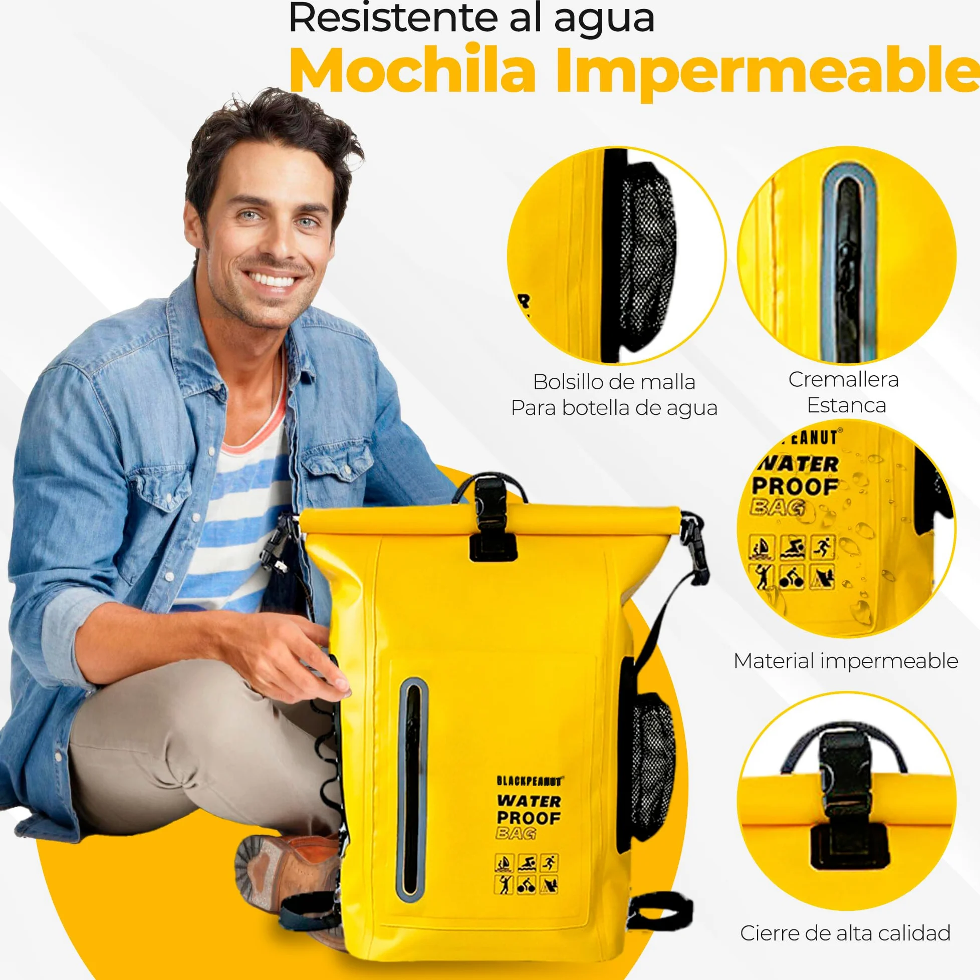 Mochila Estanca 25L Negro Bolsa Seca Impermeable Kayak Playa | Bolsillo exterior para botella, tirantes acolchados, dry bag ligero, pesca, paddle surf, camping y senderismo