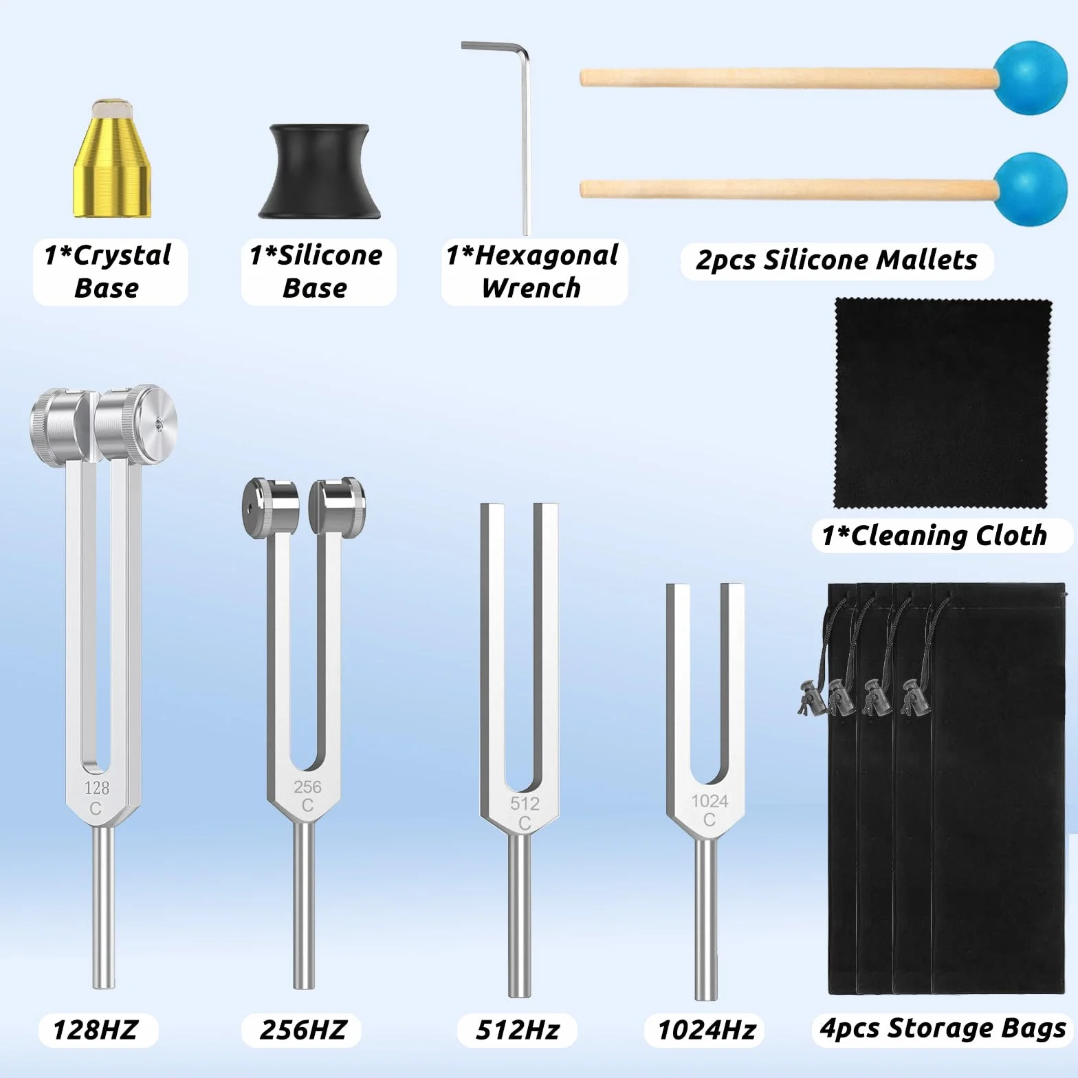 Diapasones Terapeuticos 4 Piezas 128 Hz 256 Hz 512 Hz 1024 Hz Set para Terapia de Sonido Yoga