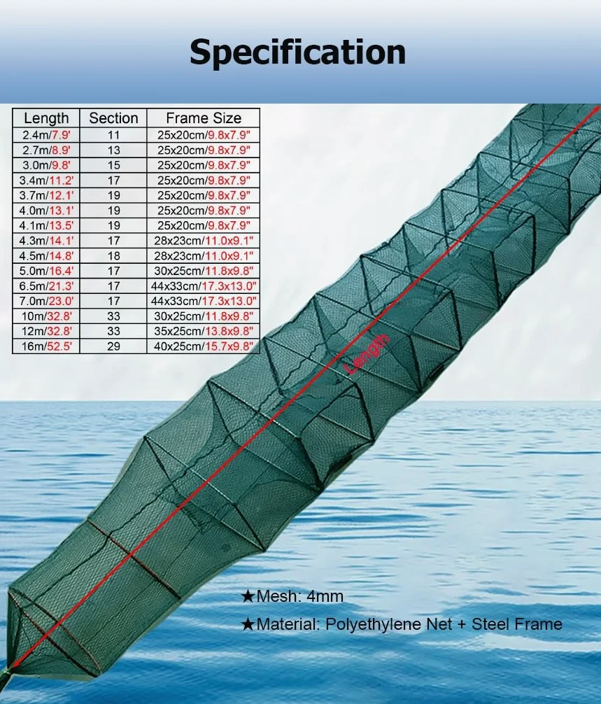 2 Juegos de trampas for camarones y cangrejos de 7,9 a 52,5 pies de Largo, trampas for Peces, Red de Pesca, Captura automáticamente más Peces fácilmente