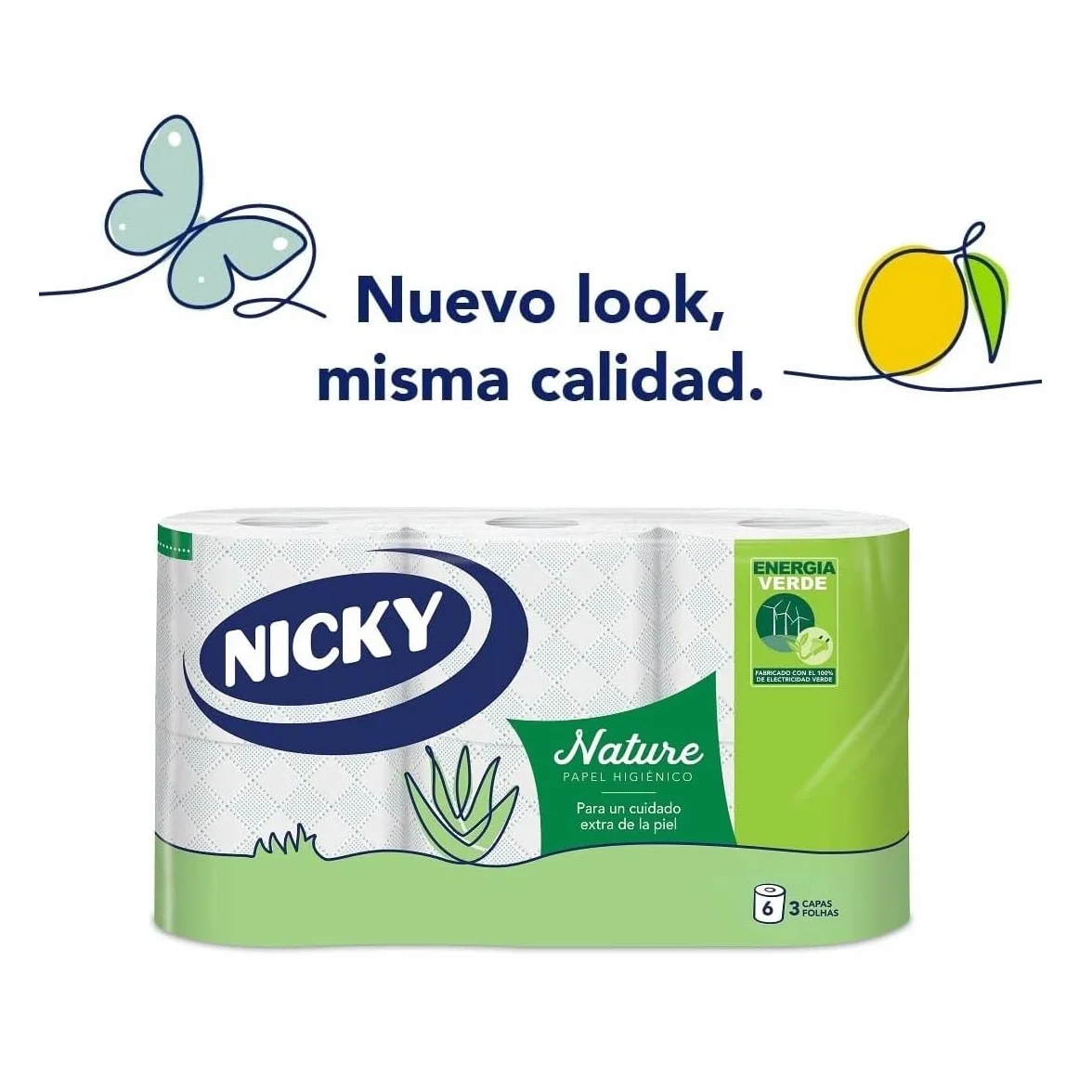 Nicky Nature Papel Higiénico 6 Rollos 170 Hojas 3 Capas Aloe Vera Celulosa 100% Pura FSC