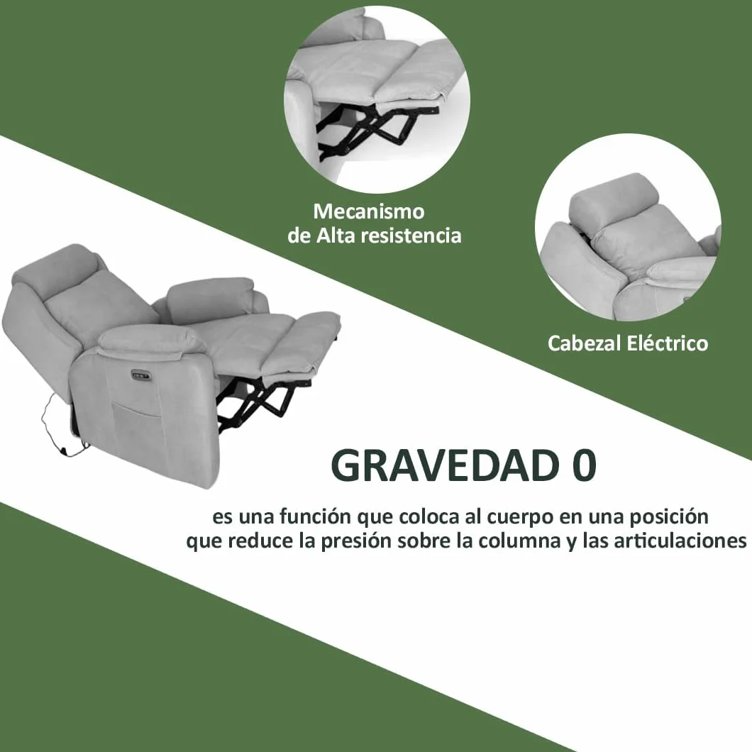 Sillón Relax Reclinable Eléctrico Gravedad Cero Desenfundable Madera de Pino Gris