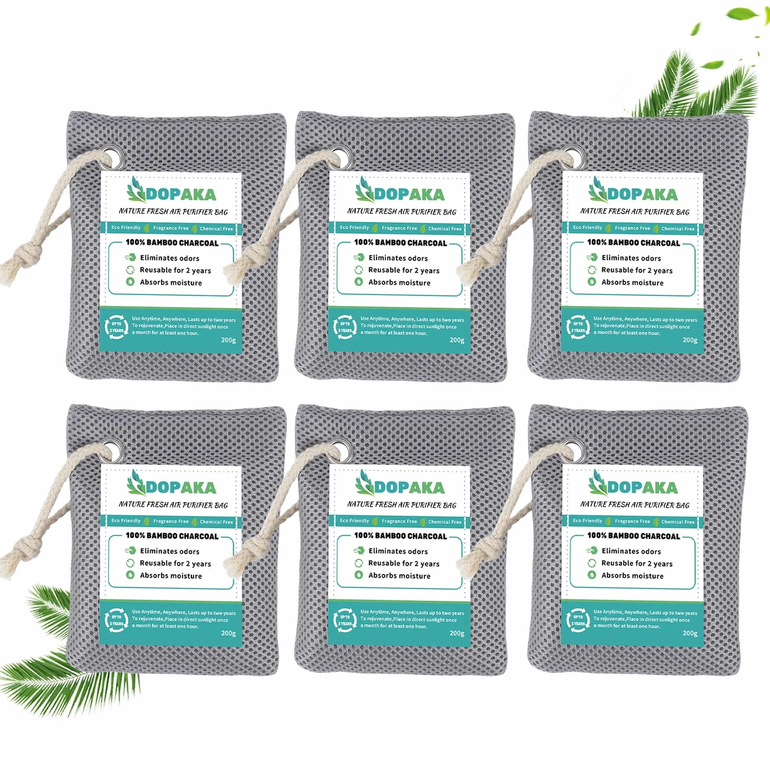 Bolsas purificadoras de aire de carbón de bambú activado 200g x 6 para habitaciones armarios zapatos coche