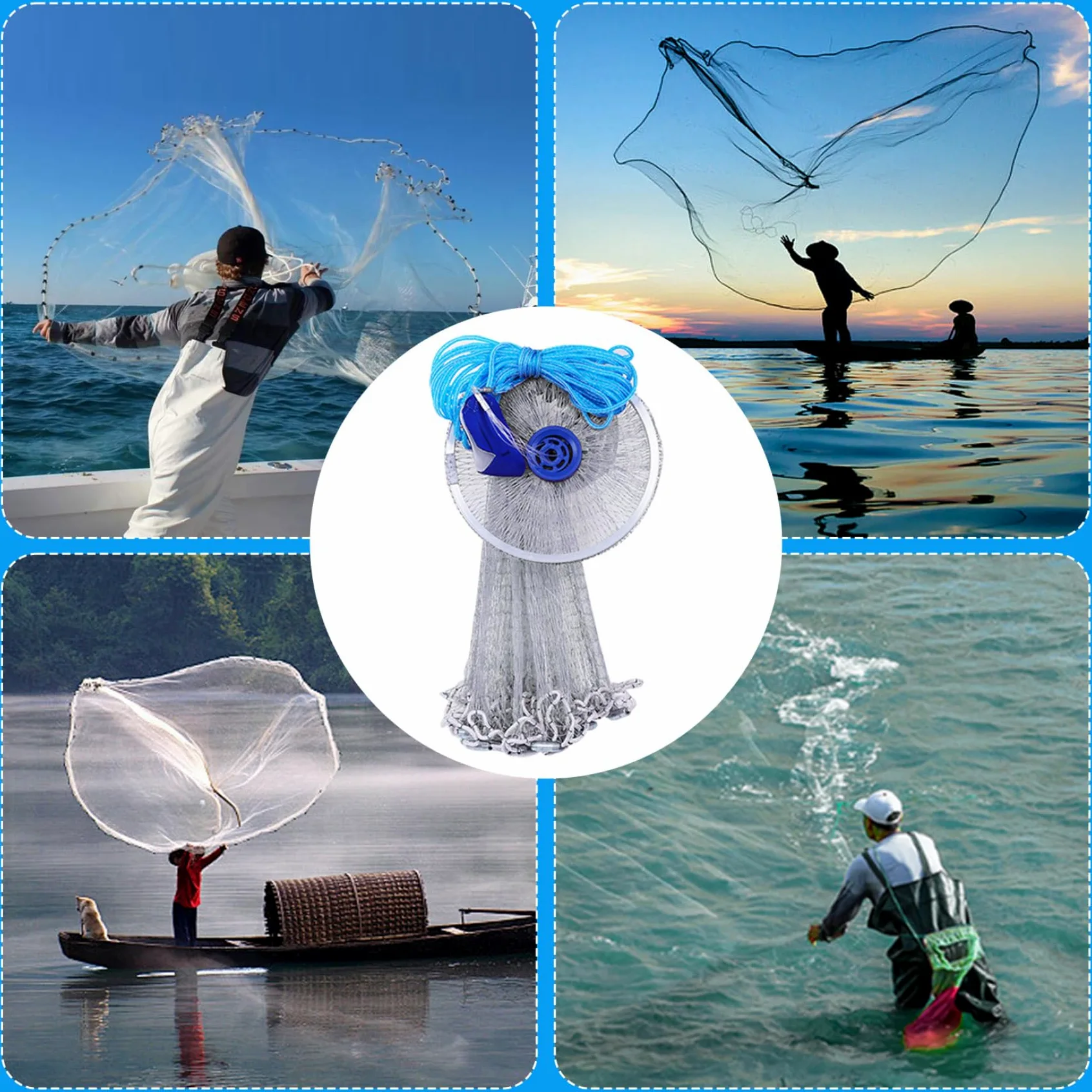 Red de Pesca de Lanzamiento Manual de 8 pies con Pesas, fundición Profesional de Nailon con Anillo de Aluminio, fundición de Pesca para Peces de Cebo de Agua Dulce y Salada