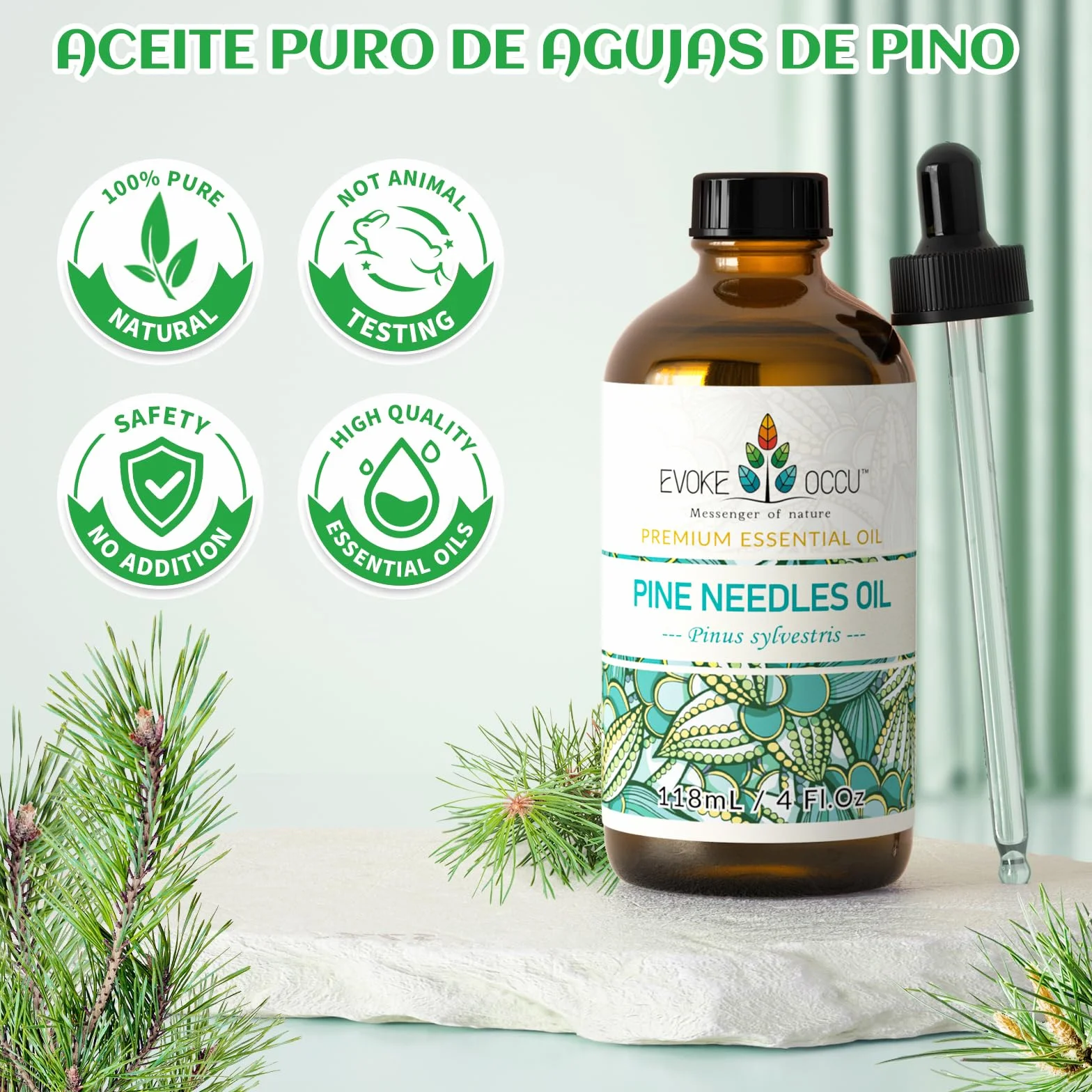 EVOKE OCCU Aceite Esencial de Aguja de Pino 4 Oz, Aceite Puro para Difusor Masaje y Fabricación de Jabón