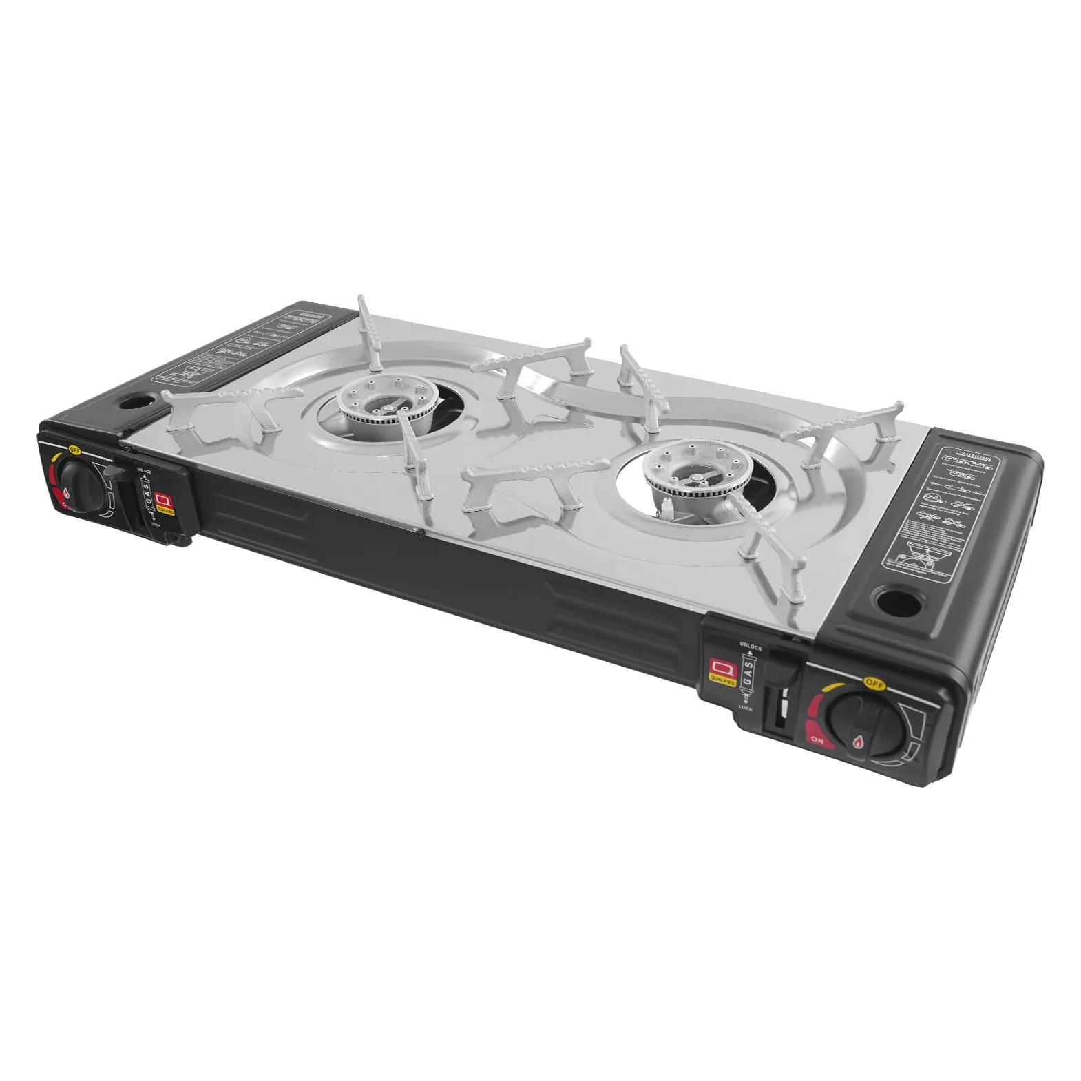 Hornillo de gas para camping de 2500 W, 2500 W, set con parrilla, placa de gas portátil con maletín, cocina de gas rectangular doble, cocina de camping, cocina de gas para exterior, balcón y mesa
