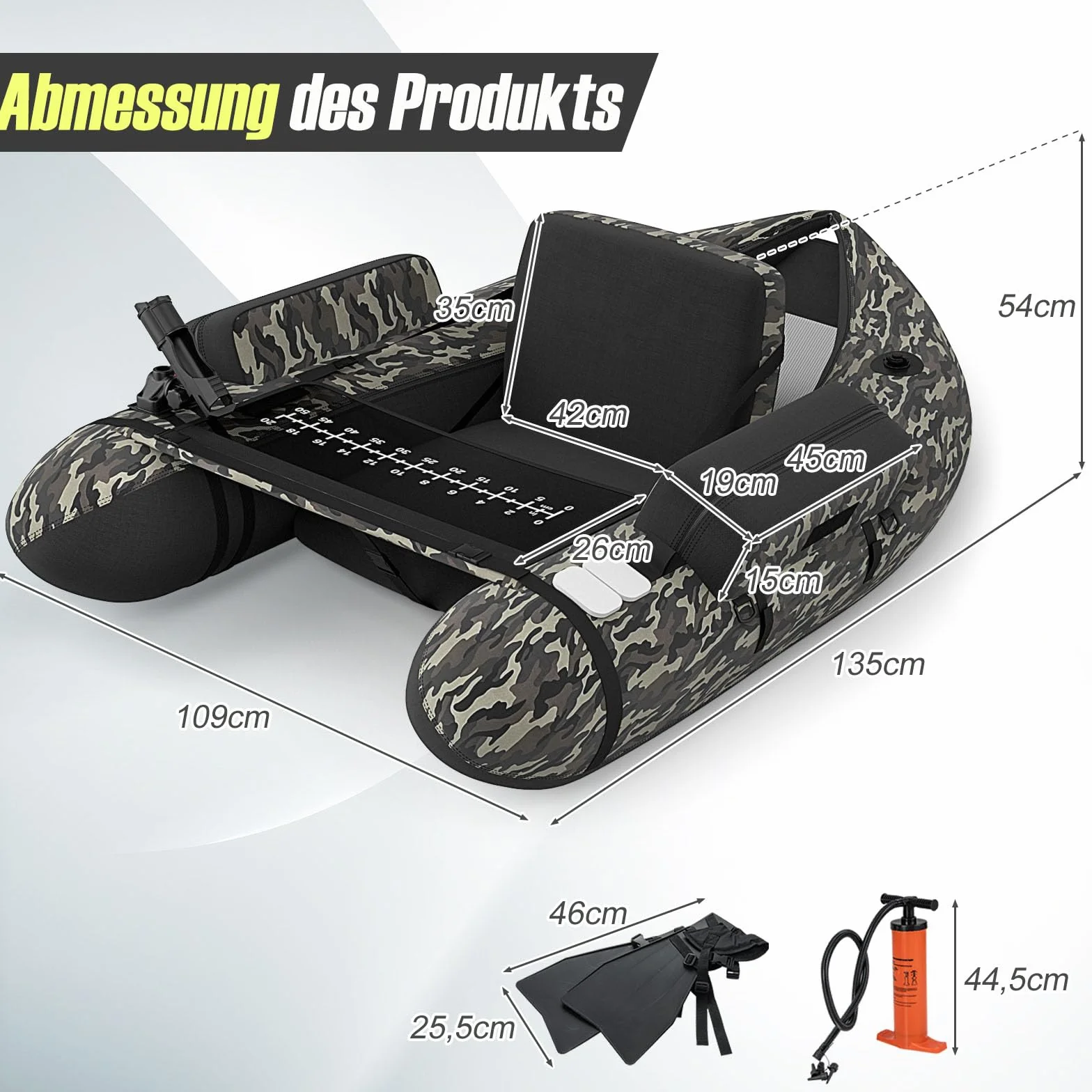 GOPLUS Bellyboot, Belly Boat soporta hasta 150 kg, bote inflable para pesca con remo de aluminio, bomba, aletas, regla de pescado, soporte para cañas y 2 correas de hombro, 135 x 109 x 54 cm