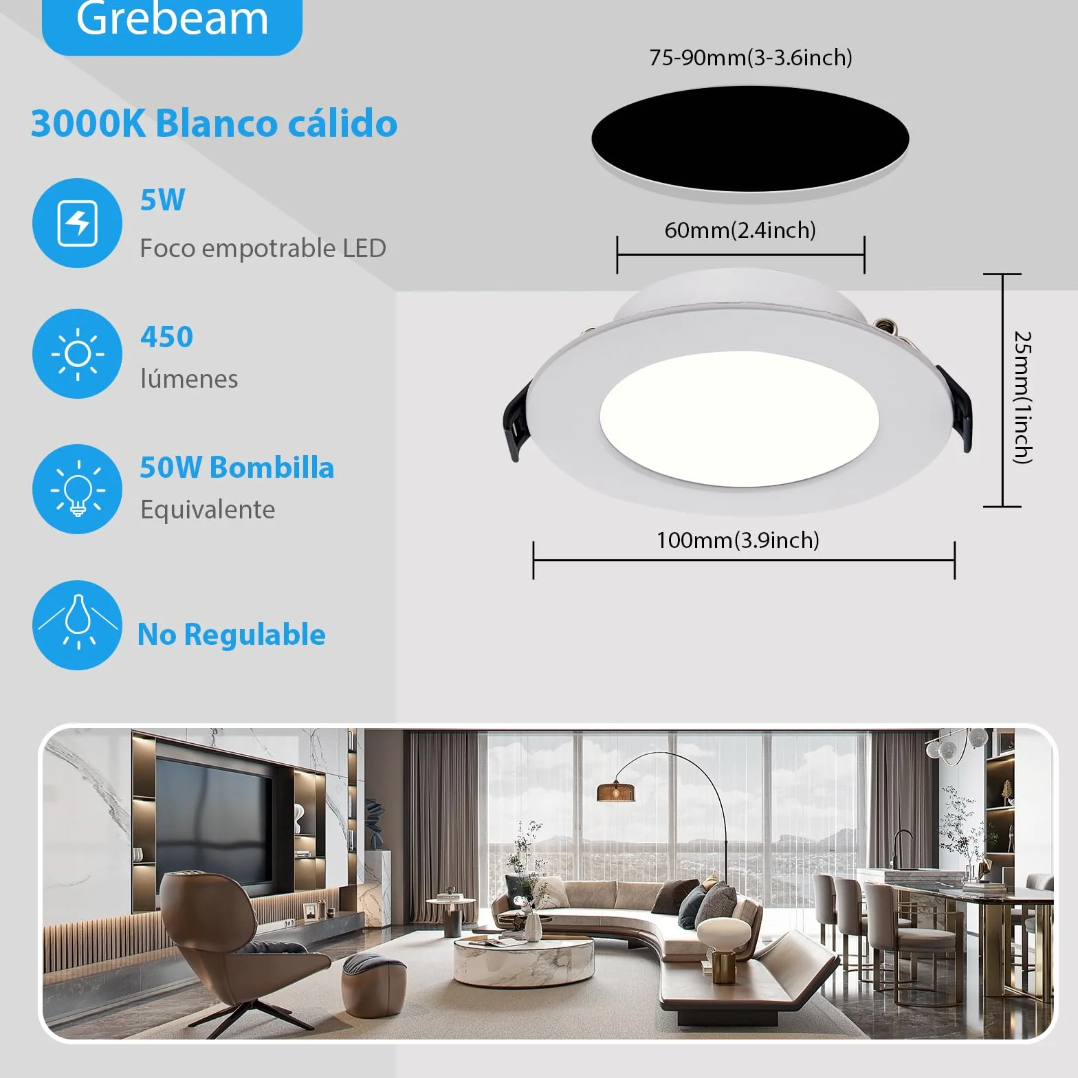 LED Techo Empotrable 220V 5W Ojos de Buey 450LM Blanco Cálido 3000K Downlight ø75-90mm