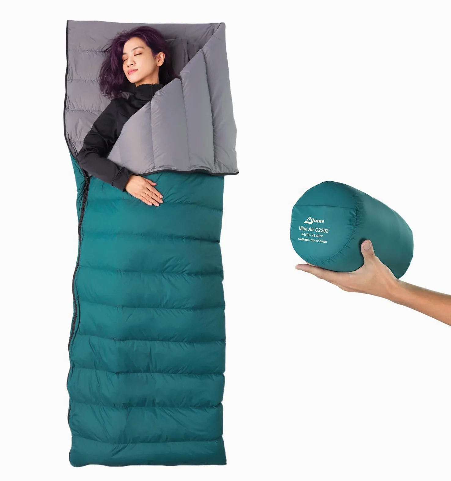 Saco de Dormir combinable Litume de plumón, 565g, 15°C, Ligero, Compacto para Adultos, Saco de Dormir Doble, para mochileros, Camping, Familia, Compacto con Bolsa de Almacenamiento(Verde Azulado)
