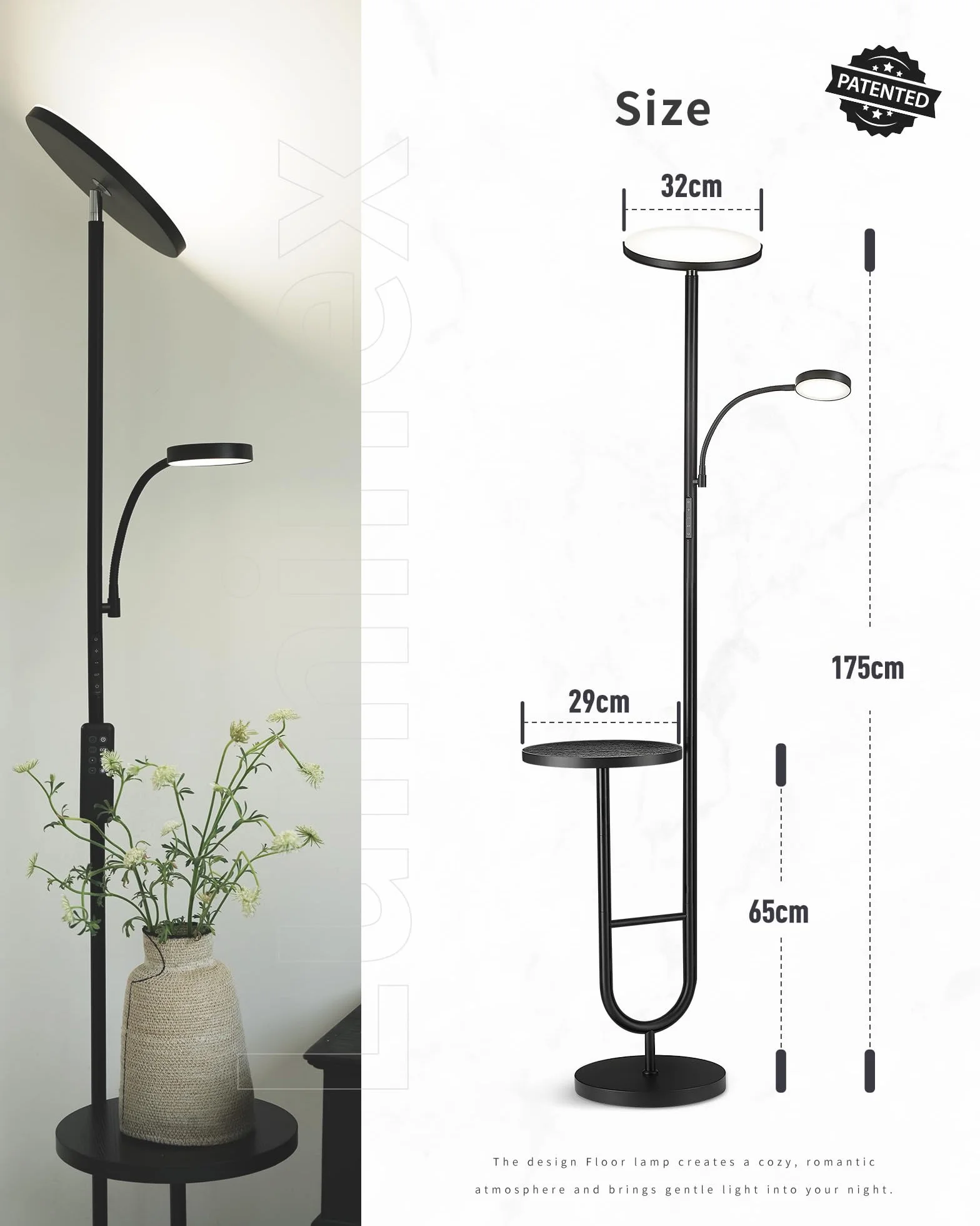 Lámpara de Pie LED 36W+7W Regulable 3200LM+600LM con Mando Cabezal Giratorio 350° 2700K-6500K Negra