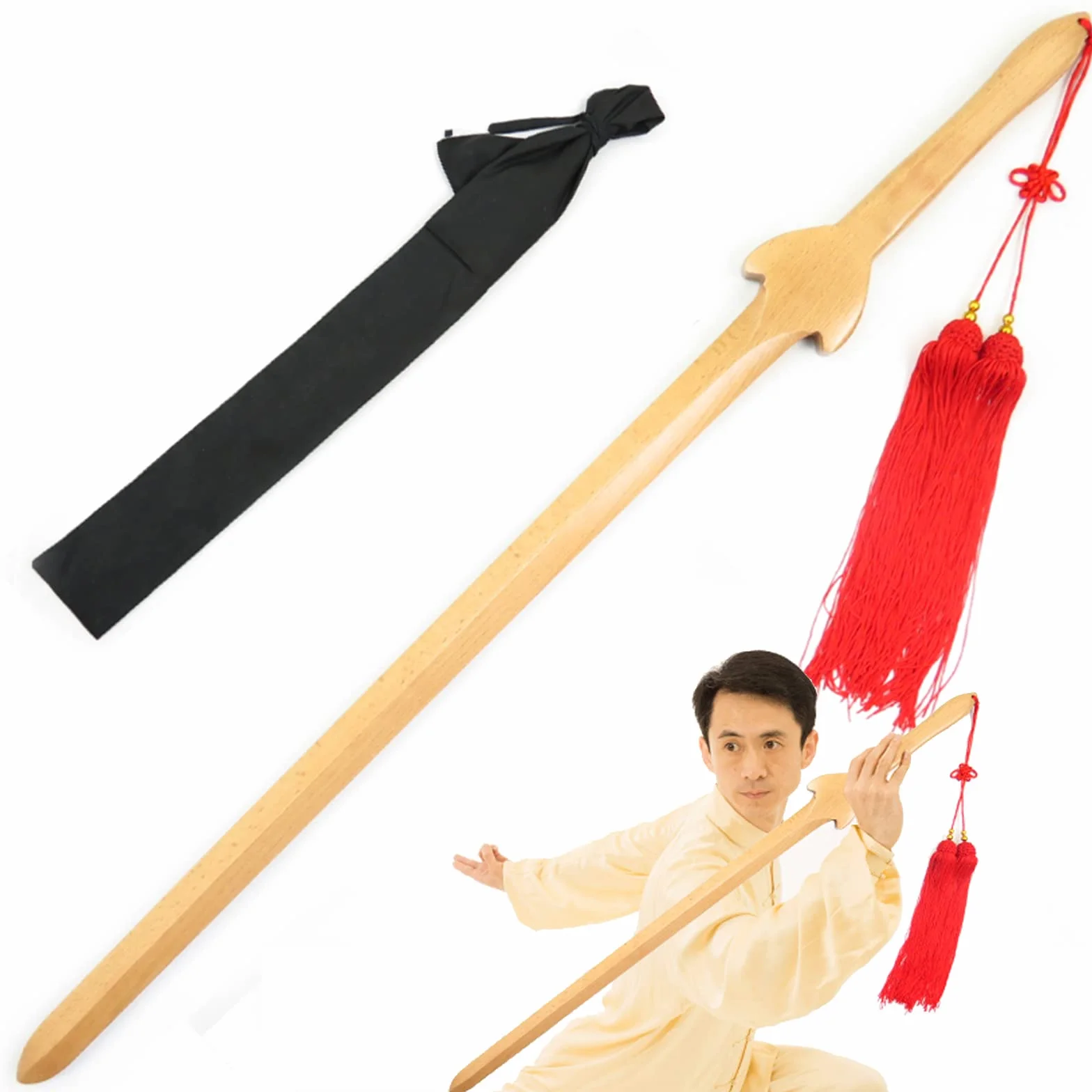Espada Recta de Tai Chi de Madera de Haya Natural 100 cm, Bokken Artesanal para Entrenamiento de Artes Marciales