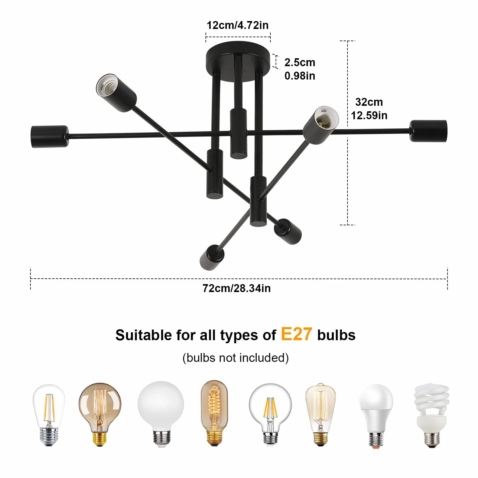 Lámpara de Techo Industrial Vintage 6 Luces E27 Ángulo Ajustable 180° Diámetro 72 cm Negro