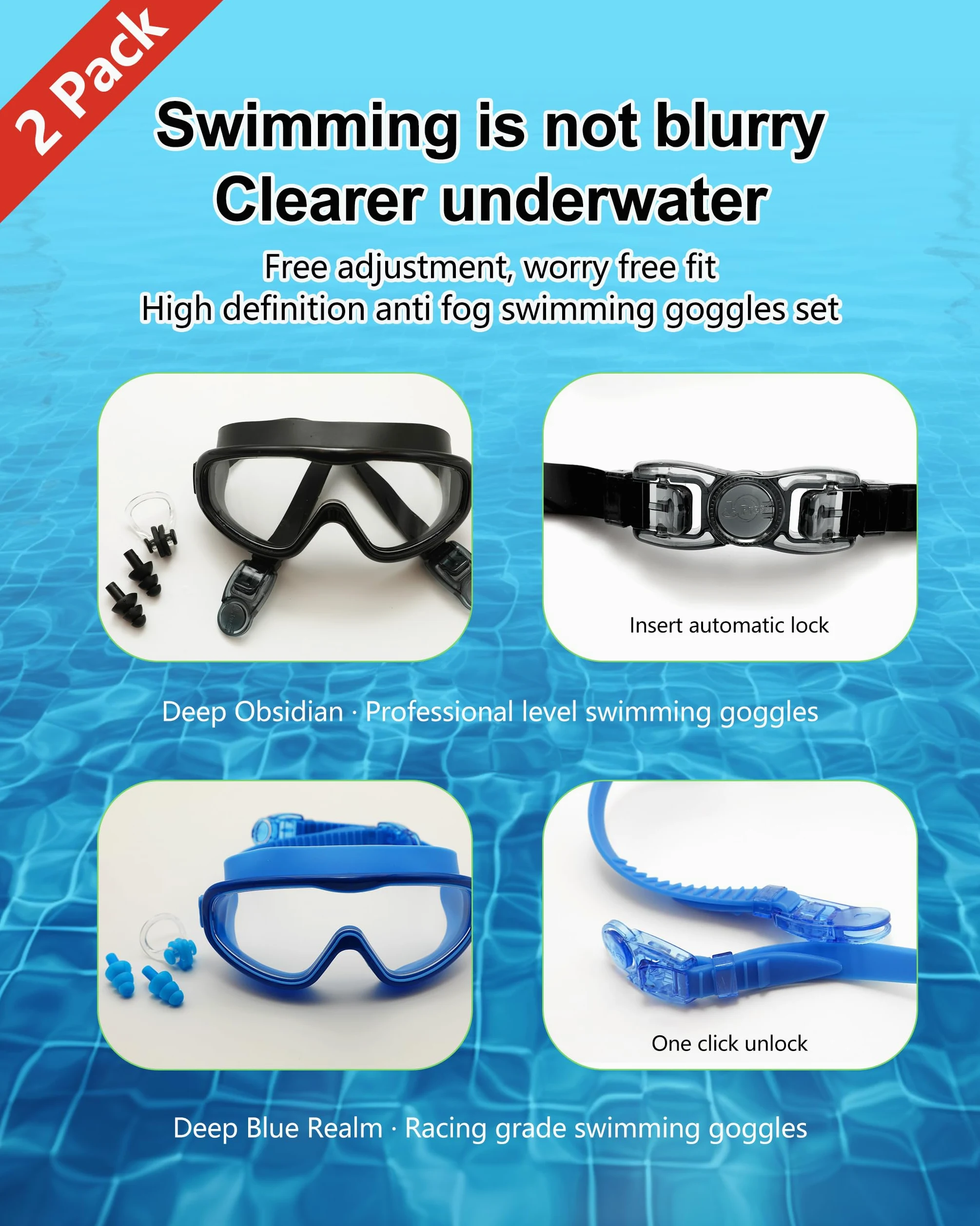 Gafas de natación con revestimiento antivaho, protección UV, paquete de 2 con tapones para los oídos, negro y azul