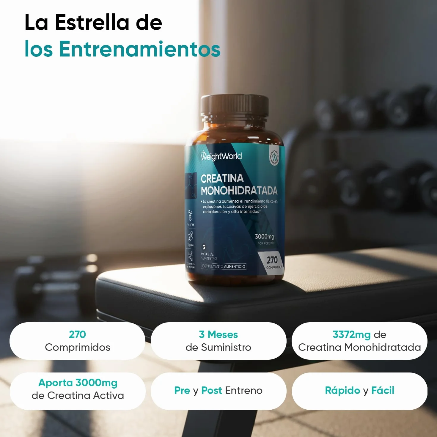 Creatina Monohidratada 3000mg 270 Comprimidos 3 Meses Suplemento Deportivo Vegano Sin OGM