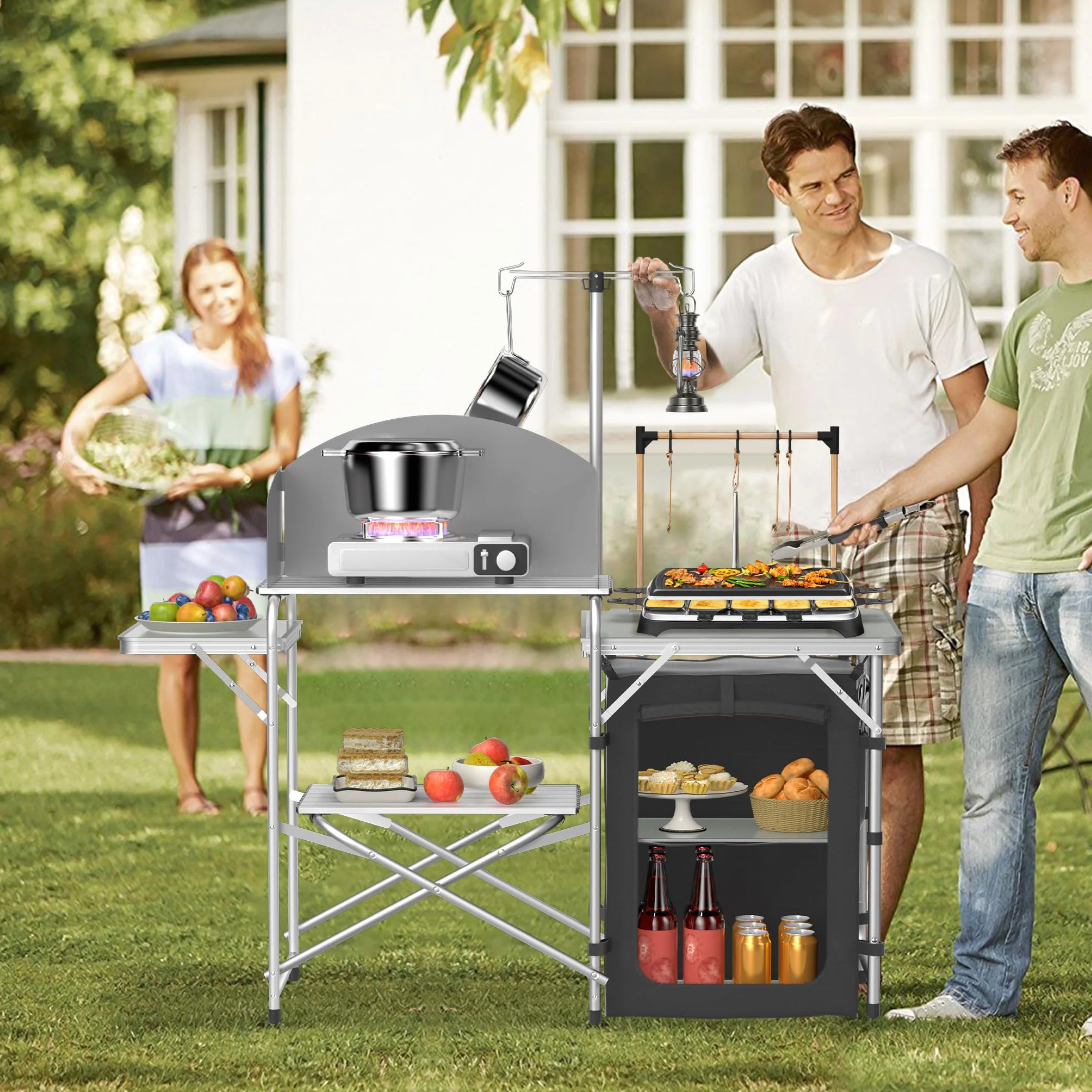 Froadp Cocina de camping plegable con armario de camping, protector de viento y soporte de lámpara ajustable, muebles de camping y cocina de viaje portátil, incluye bolsa de transporte para camping,