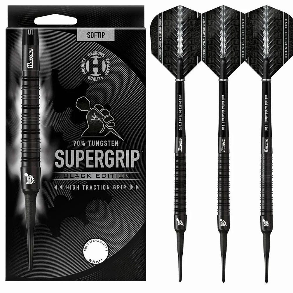 Harrows Juego de Dardos con Punta Blanda de tungsteno 90% SUPERGRIP Black Edition. Disponible en 16 g, 18 g, 20 g. Incluye Varillas Supergrip y Plumas Supergrip.
