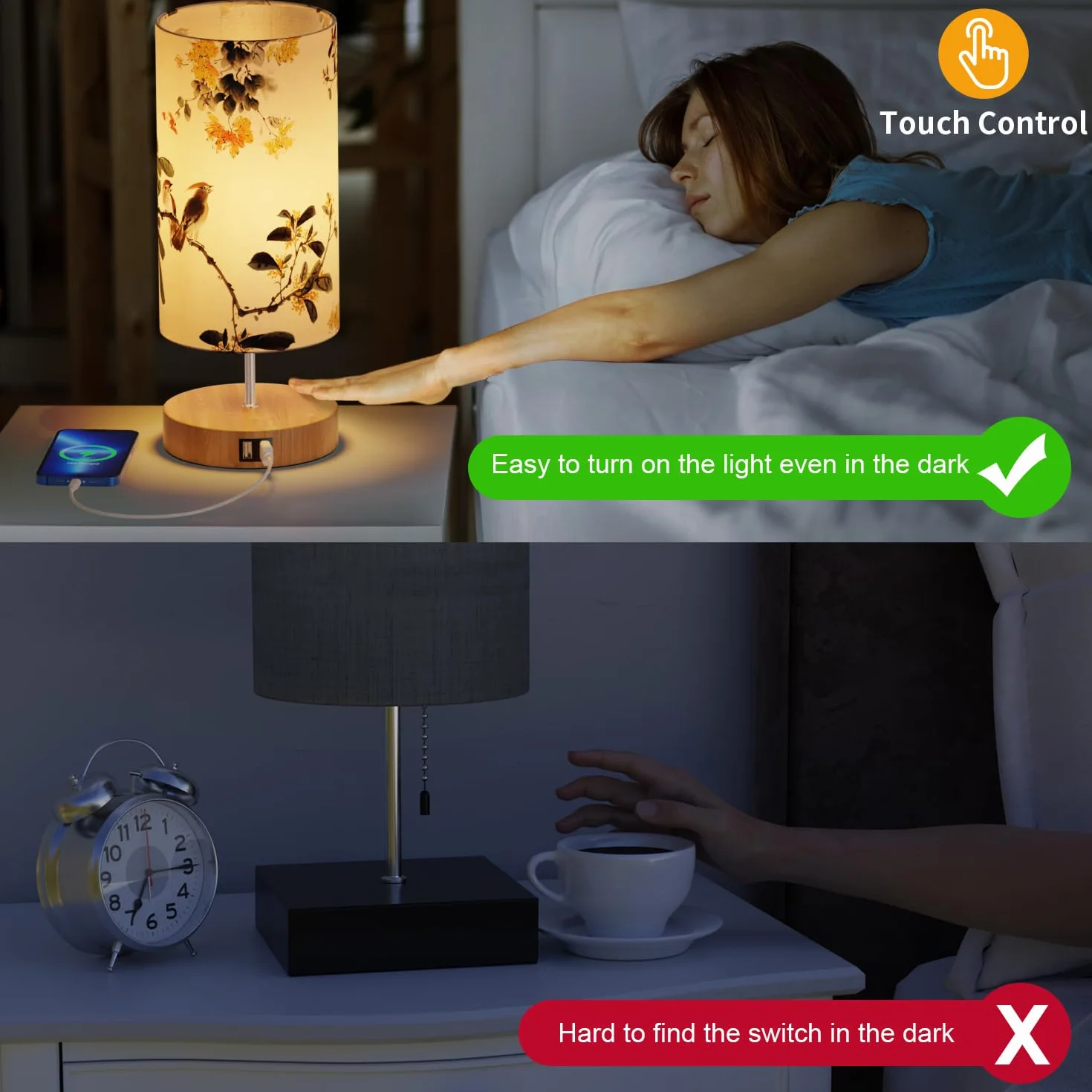 Lámpara de Mesilla de Noche con Puertos de Carga USB, Control Táctil, 3 Modos de Brillo, 2 Piezas