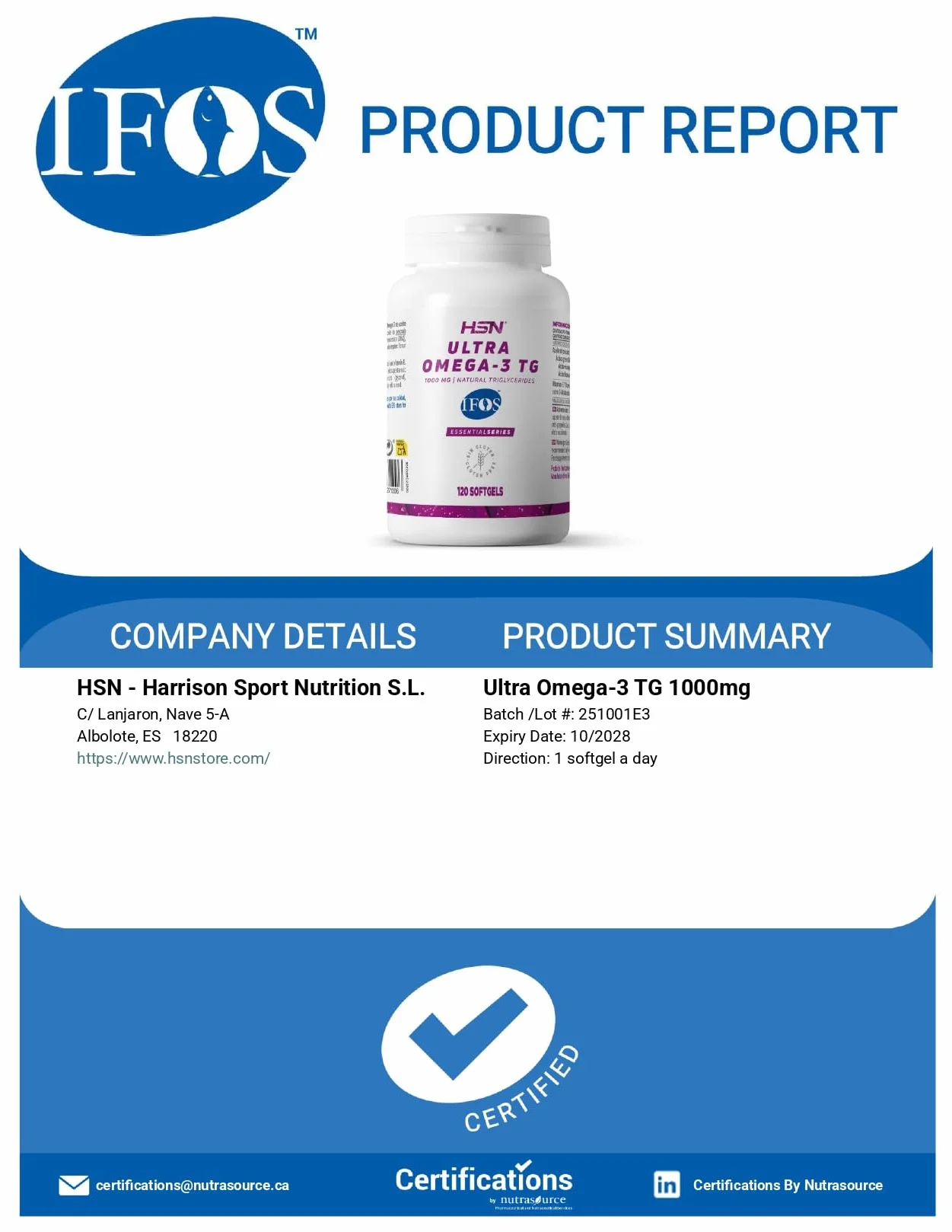 HSN Ultra Omega 3 TG IFOS 5 Estrellas 120 Perlas 1000mg Aceite de Pescado EPA 350mg DHA 250mg Triglicéridos
