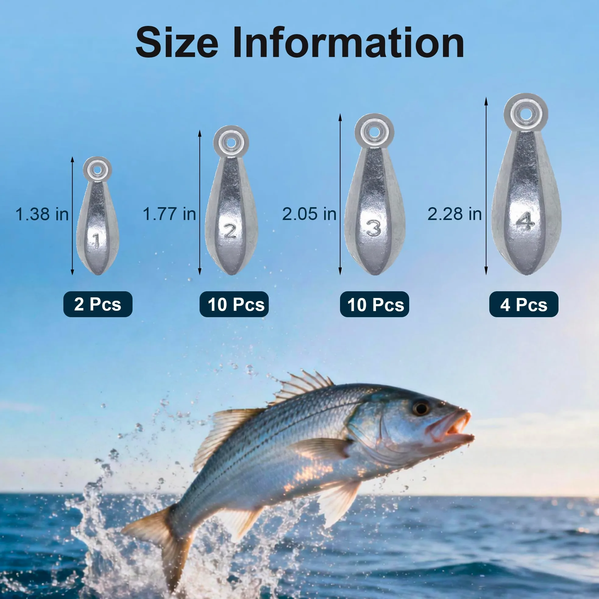 Plomo de pesca, pesas de pesca inferiores, plata, forma de lágrima, 22 piezas, varios tamaños