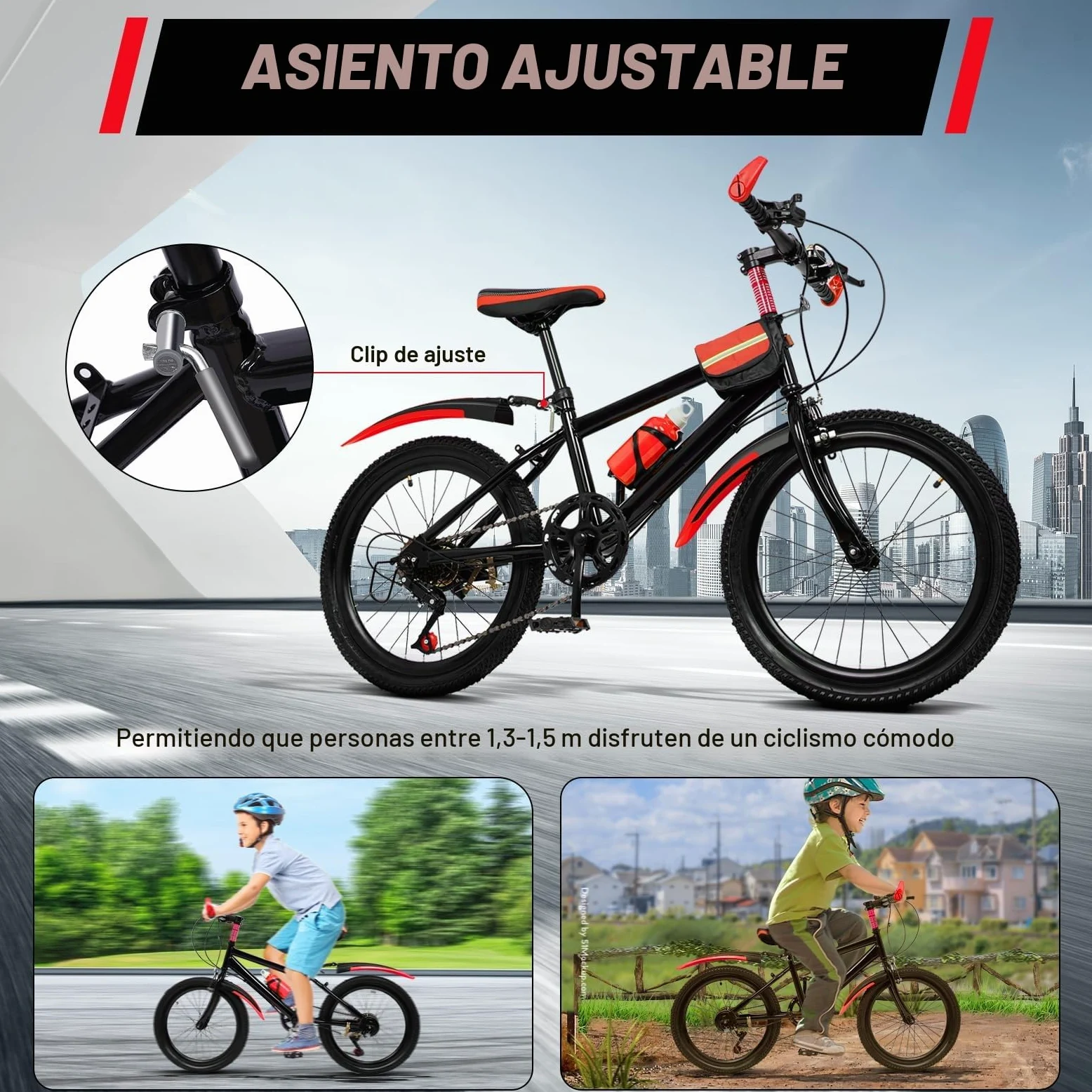Bicicleta de montaña para adultos de 20 pulgadas, freno delantero y trasero, acero al carbono, altura regulable con transmisión roja