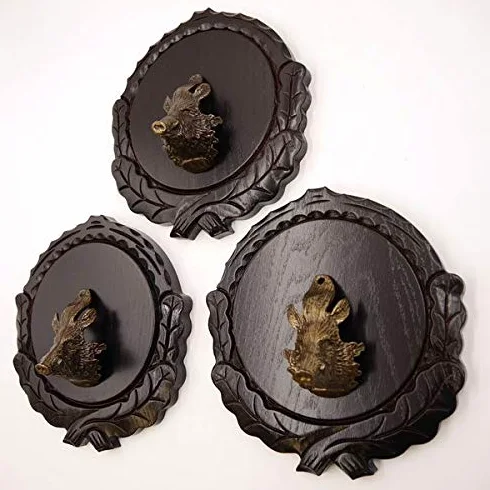 GTK - Juego de 3 placas de cuña talladas oscuras AF de 16 cm con 3 cabezas de cuñas, portada grande, tabla de cuñas, cartel para trofeos