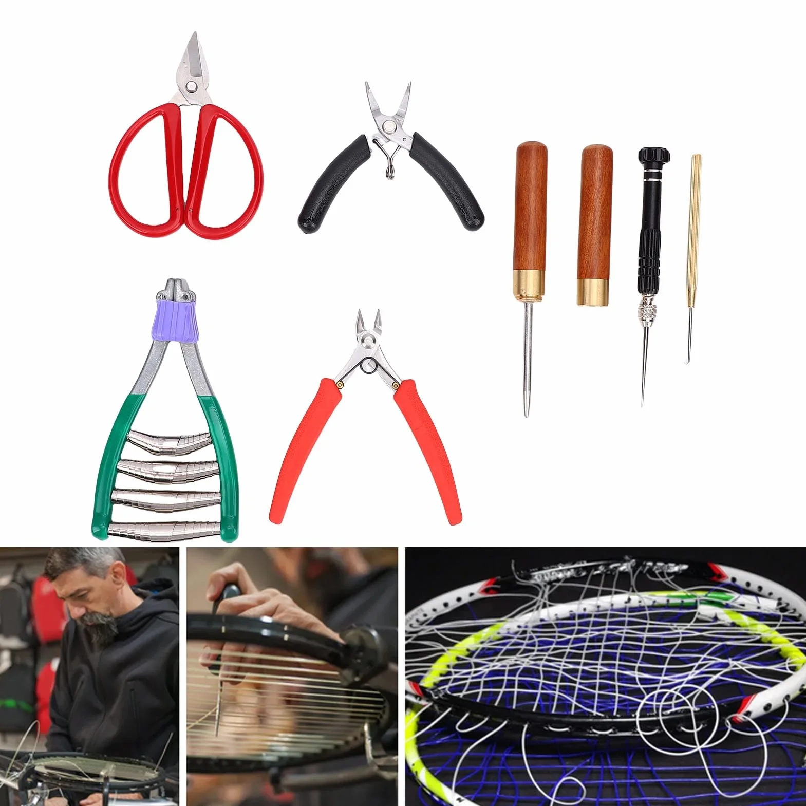 VGEBY Juego de Herramientas para Encordar Raquetas, Alicates de Punta Doblada, Alicates Diagonales, Gancho de Roscado, Abrazadera para Encordar Bádminton