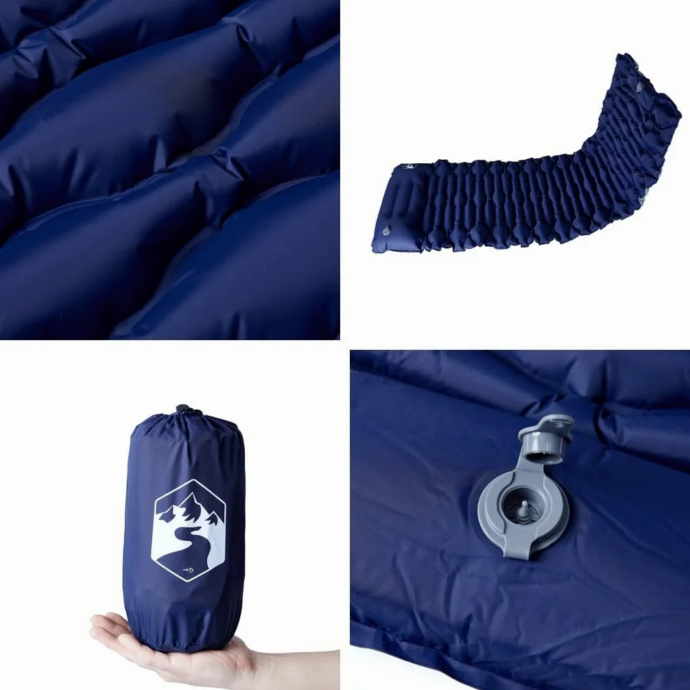 Colchoneta autoinflable con cojín azul marino 40D nailon TPU revestimiento x x, bomba de pie, ultraligera, plegable, aislante, para camping, senderismo, trekking, tienda de campaña y vivac